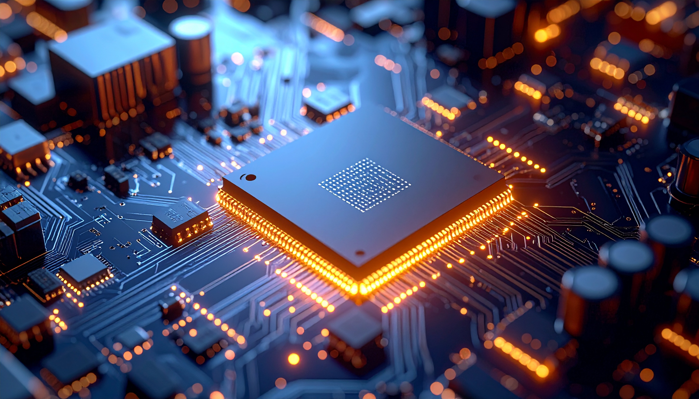 Placa-mãe detalhada com um chip central iluminado por luzes LED laranja, destacando circuitos em um arranjo ordenado. A imagem, em alta definição e ângulo macro, captura texturas e refletores metálicos, refletindo a complexidade da tecnologia moderna em um contraste de cores frias e quentes.