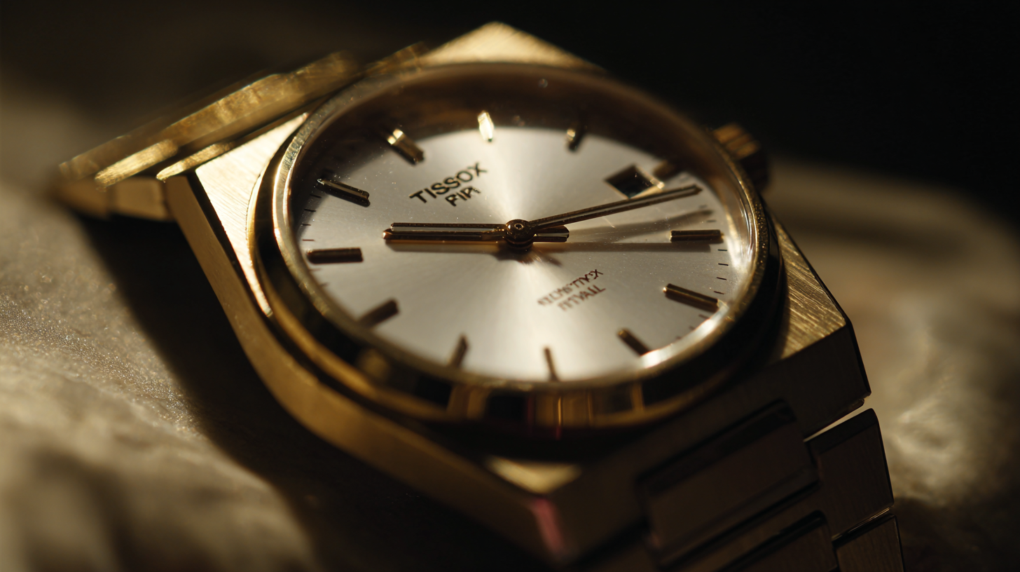 Relógio dourado de luxo com design clássico sobre superfície iluminada, destacando elegância e estilo atemporal.