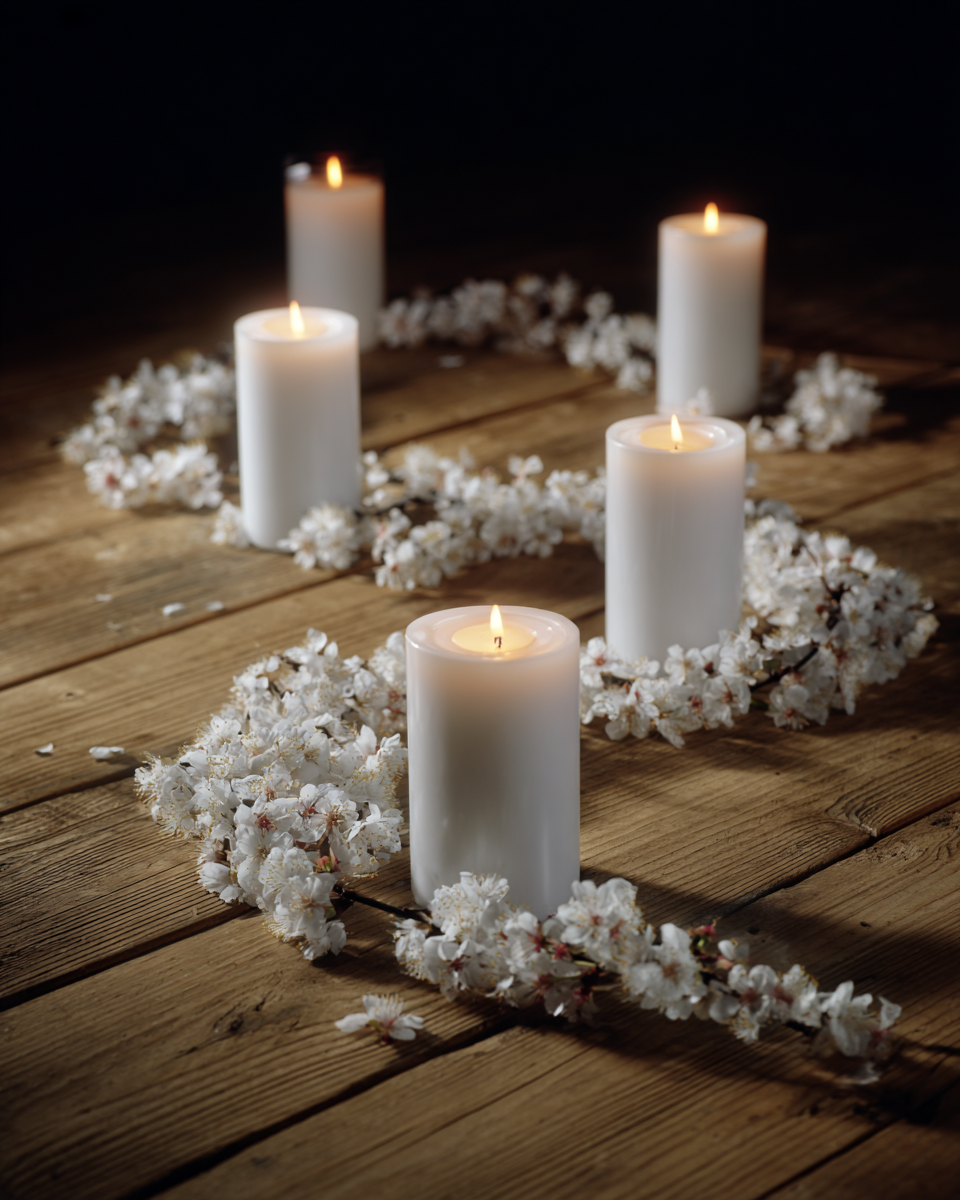 Cinco velas brancas acesas sobre um piso de madeira escura, cercadas por delicadas flores brancas. A iluminação suave e a composição simétrica criam uma atmosfera serena e contemplativa, com foco nas chamas tremulantes que iluminam suavemente o ambiente, destacando o contraste entre a madeira escura e as flores claras.
