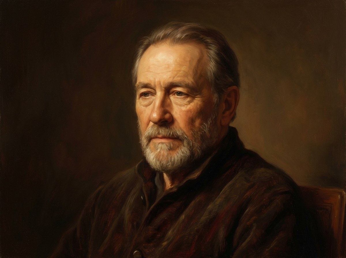 A classic oil painting depicts a contemplative elderly man with a thoughtful expression