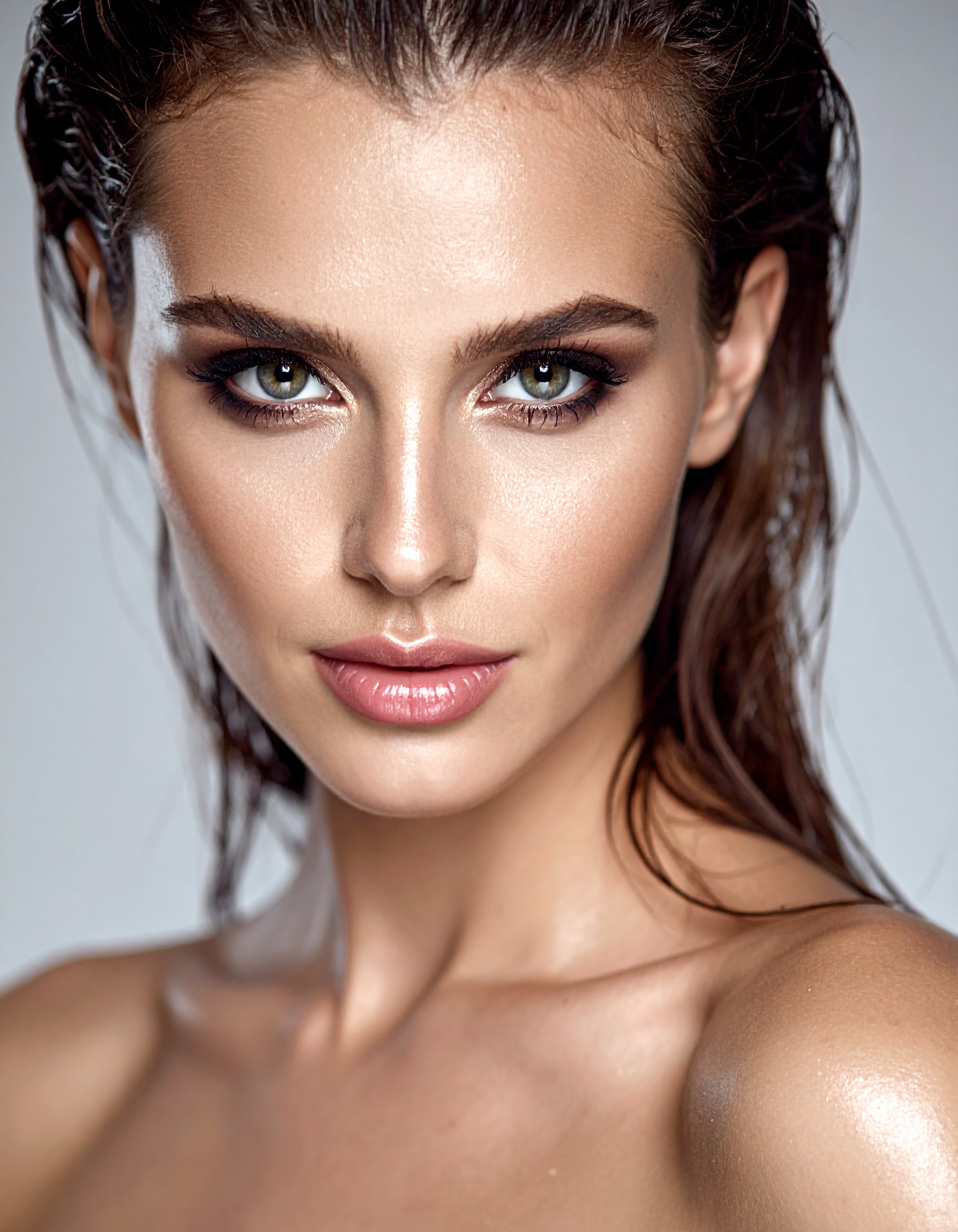 Close-up of a young woman with flawless makeup and glowing skin