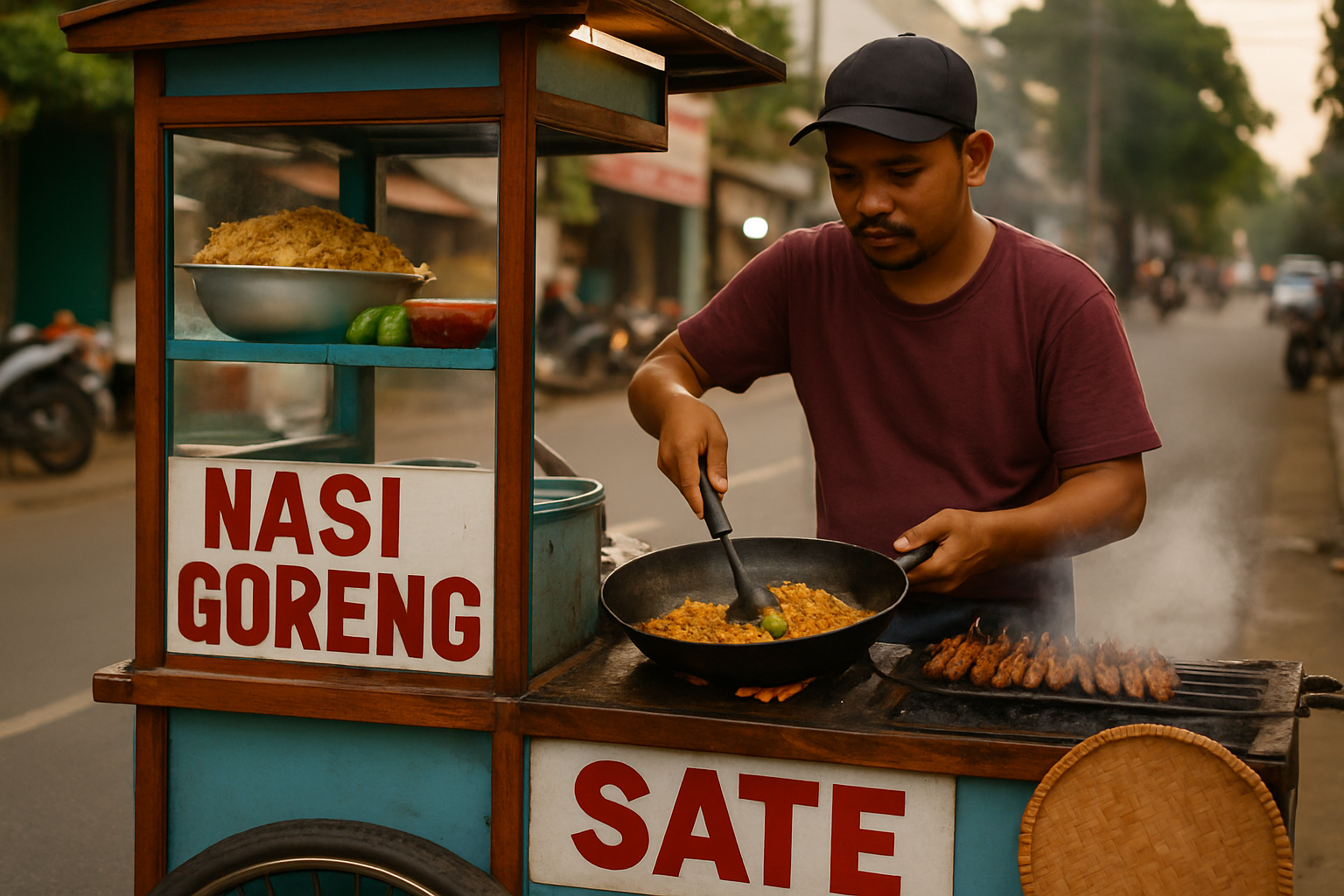 A street vendor cooks nasi goreng and sate on a traditional food cart