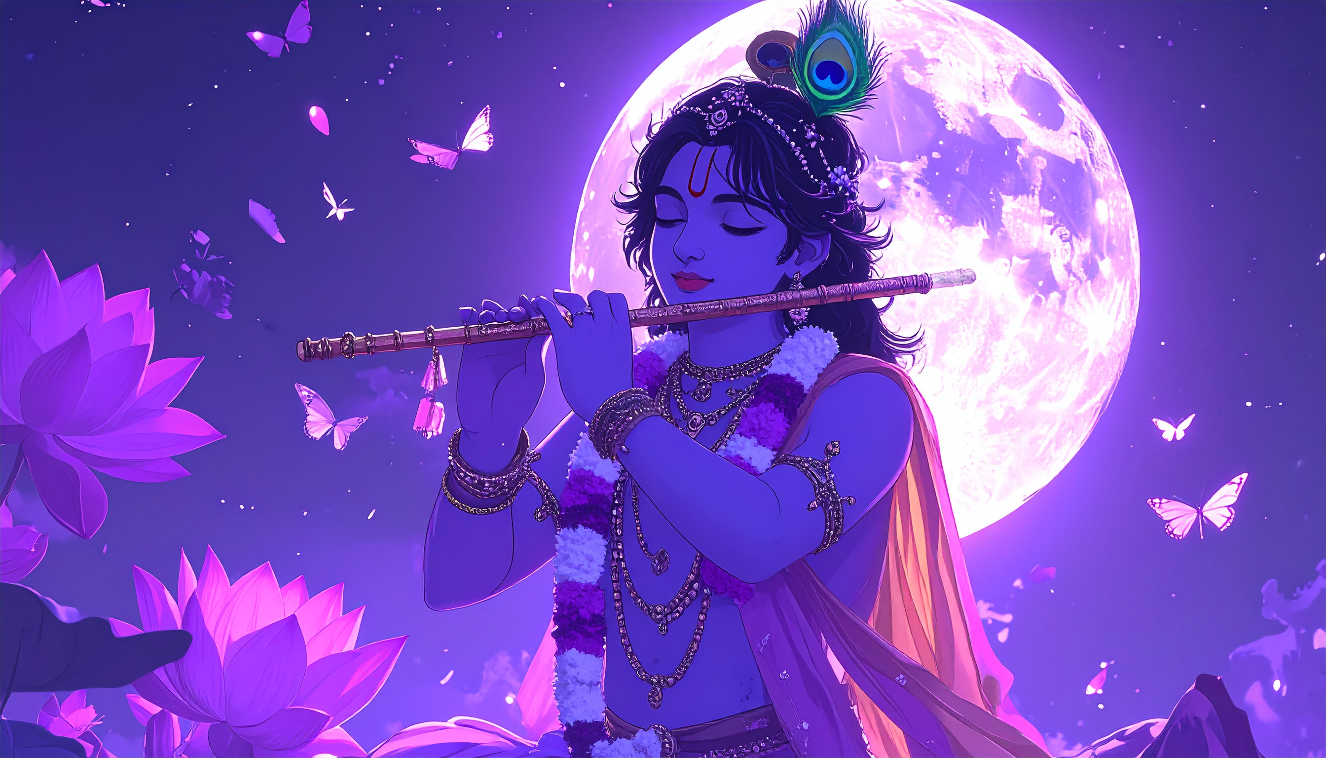 A vibrant illustration of a figure playing a flute under a full moon, surrounded by