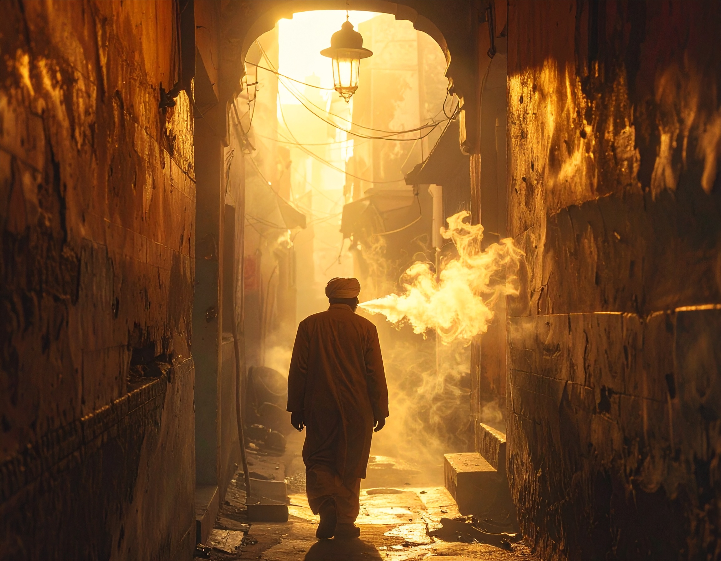 A lone figure walks through a narrow alleyway bathed in golden sunlight