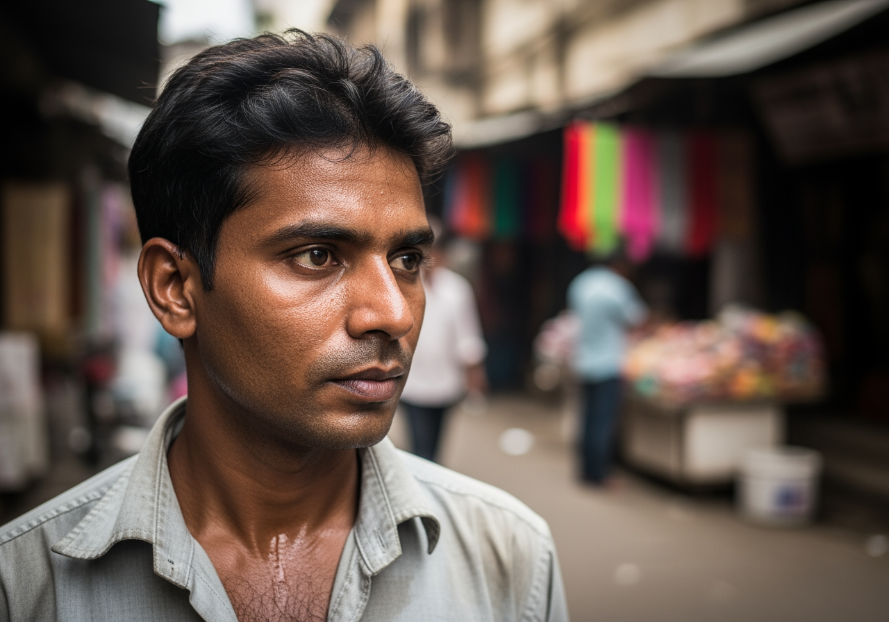 A man stands in a bustling market street, exuding a thoughtful expression