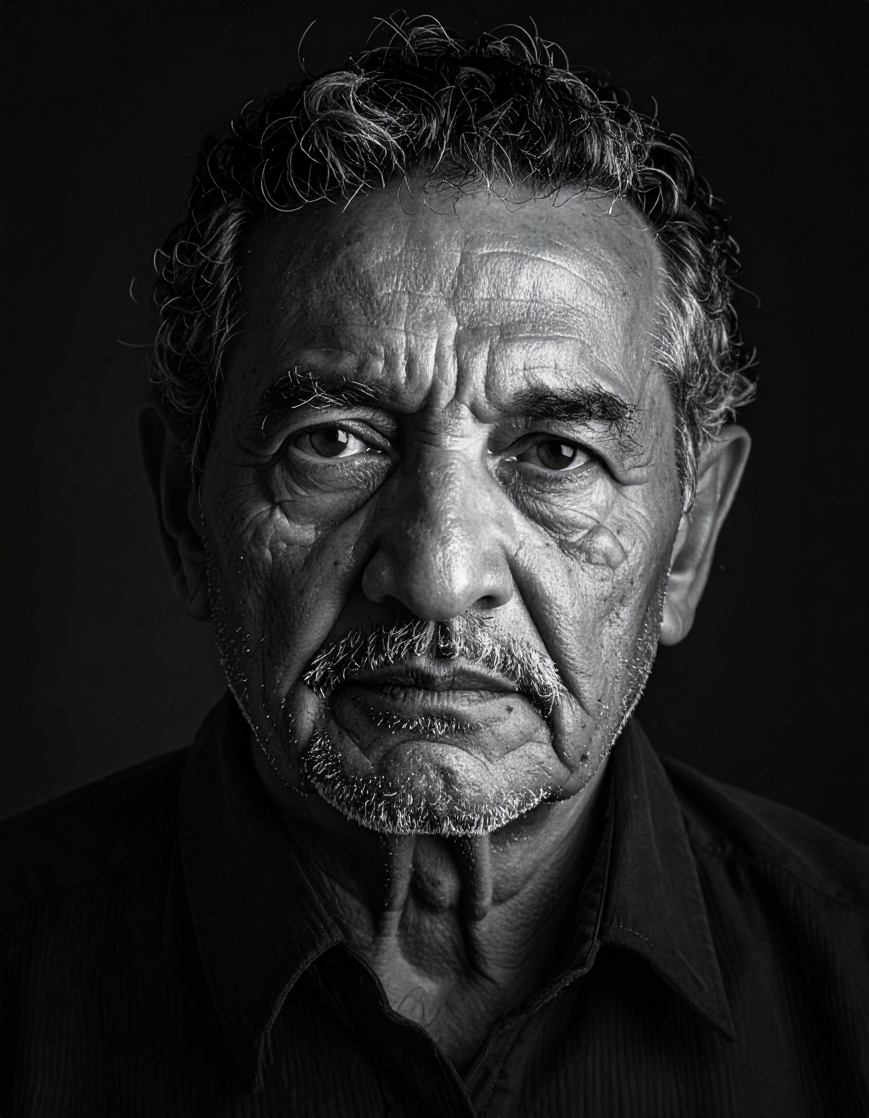 A black and white portrait captures the intense gaze of an elderly man