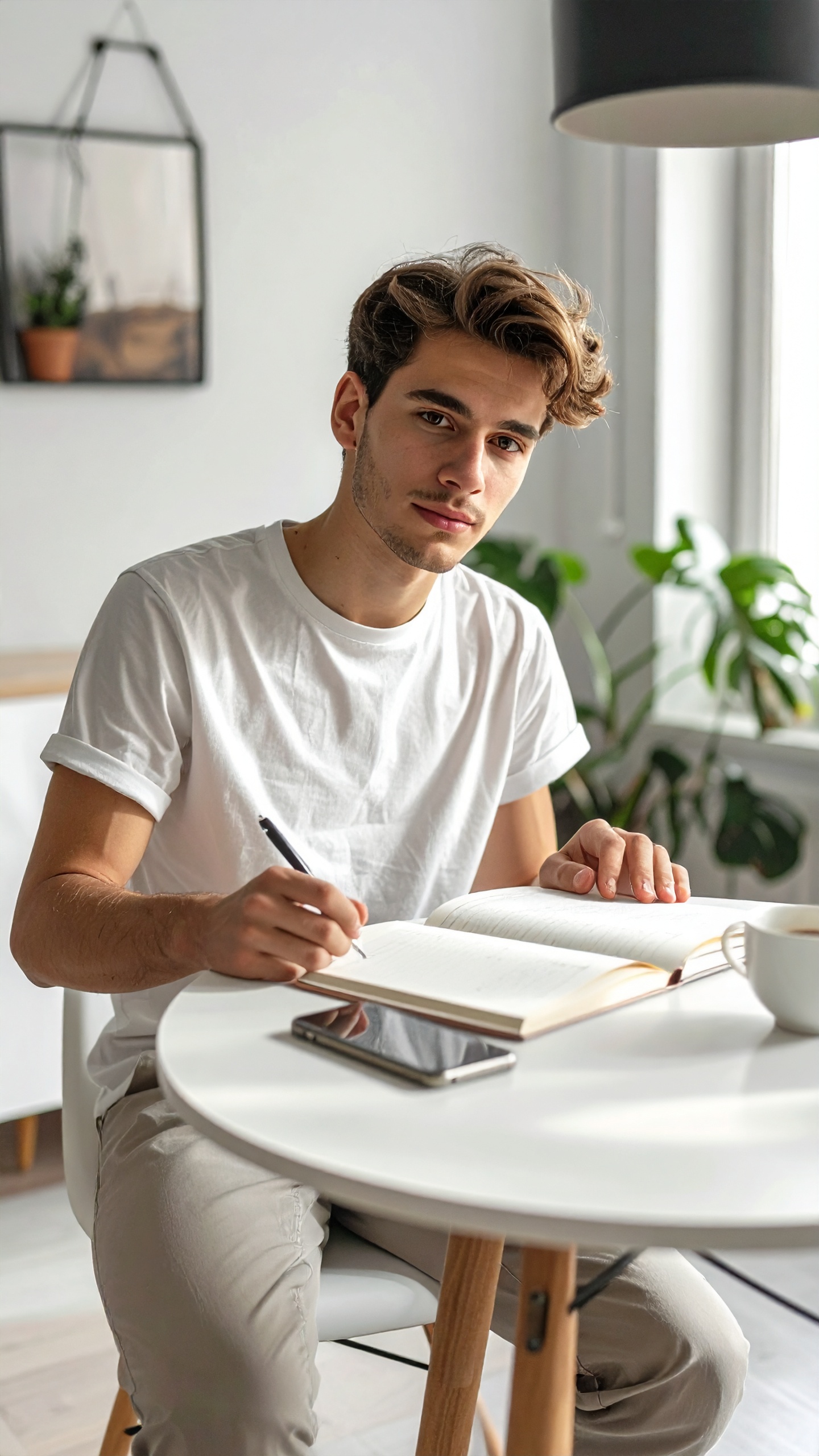 Young man studying at a modern table with a notebook