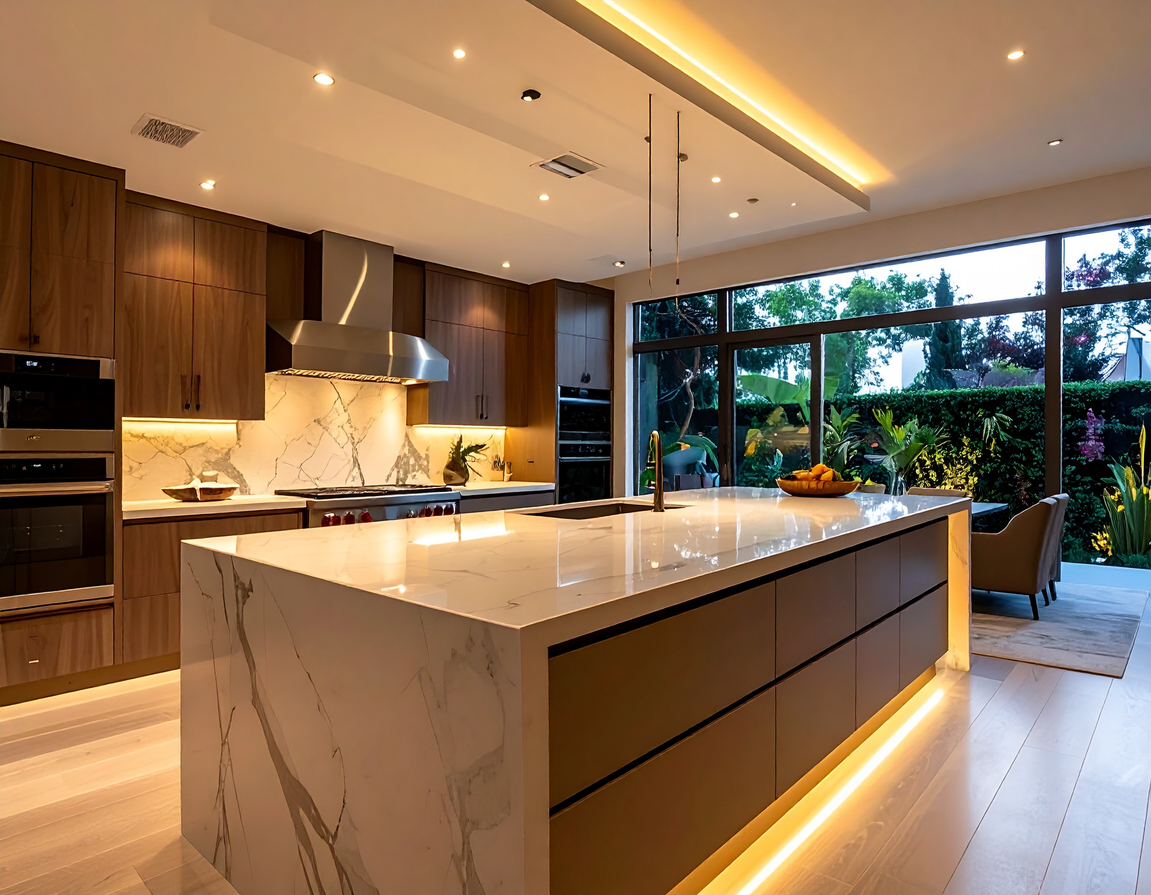Cozinha moderna e luxuosa com bancadas de mármore e armários de madeira, iluminação embutida suave criando uma atmosfera acolhedora. Grandes janelas oferecem vista para um jardim exuberante, enquanto a composição minimalista e organizada destaca o design elegante e sofisticado. O foco está no centro da ilha, com uma tigela de frutas, sob um ângulo que enfatiza a harmonia visual e a profundidade do espaço.