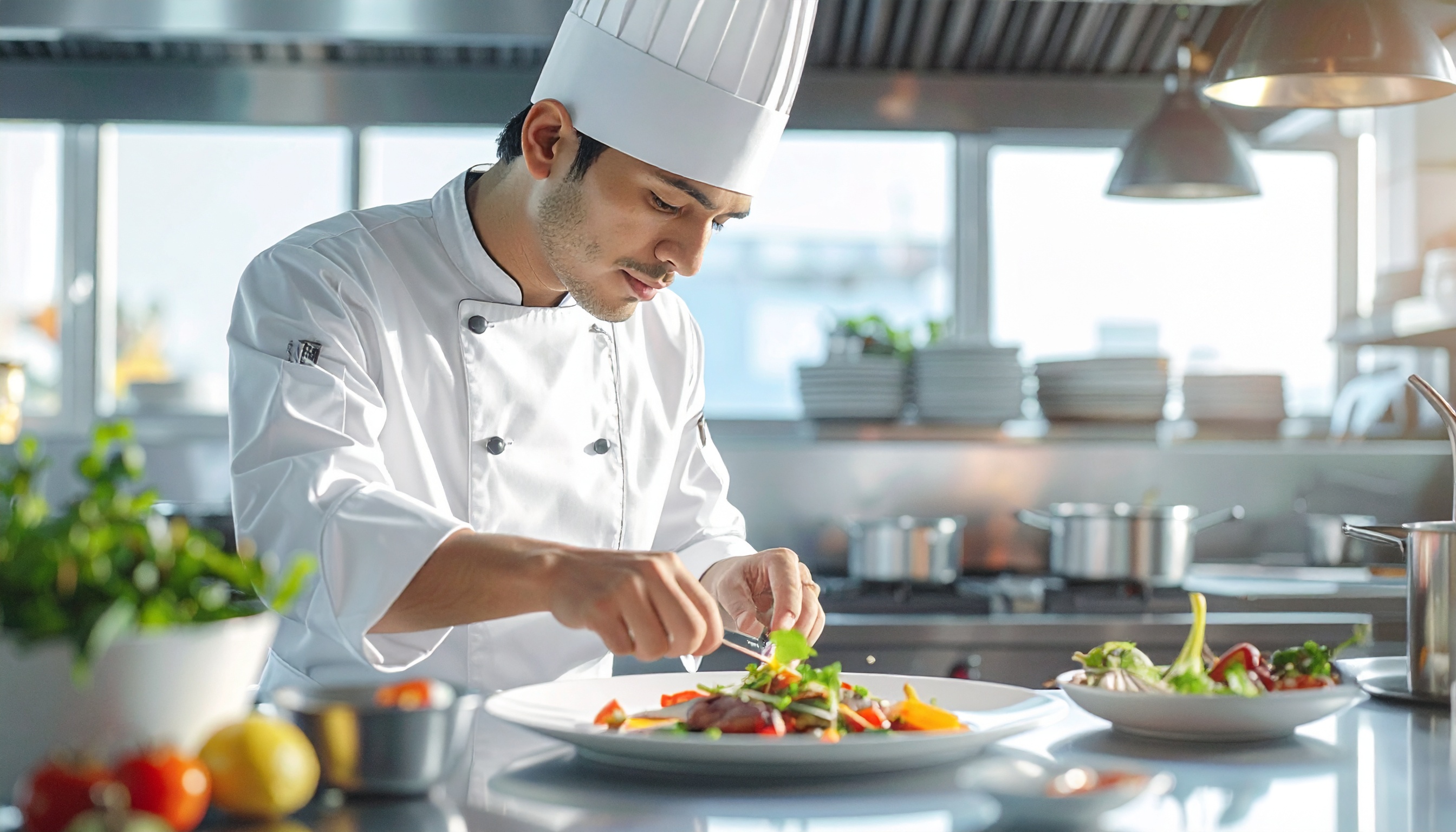A professional chef meticulously garnishes a colorful dish in a modern kitchen