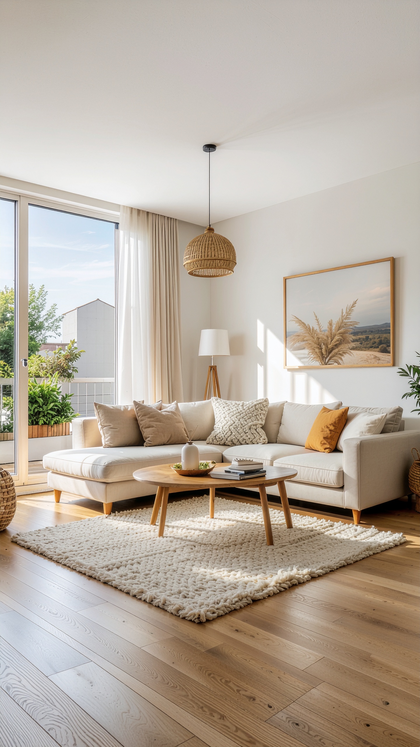 A cozy living room features a beige sectional sofa with plush pillows