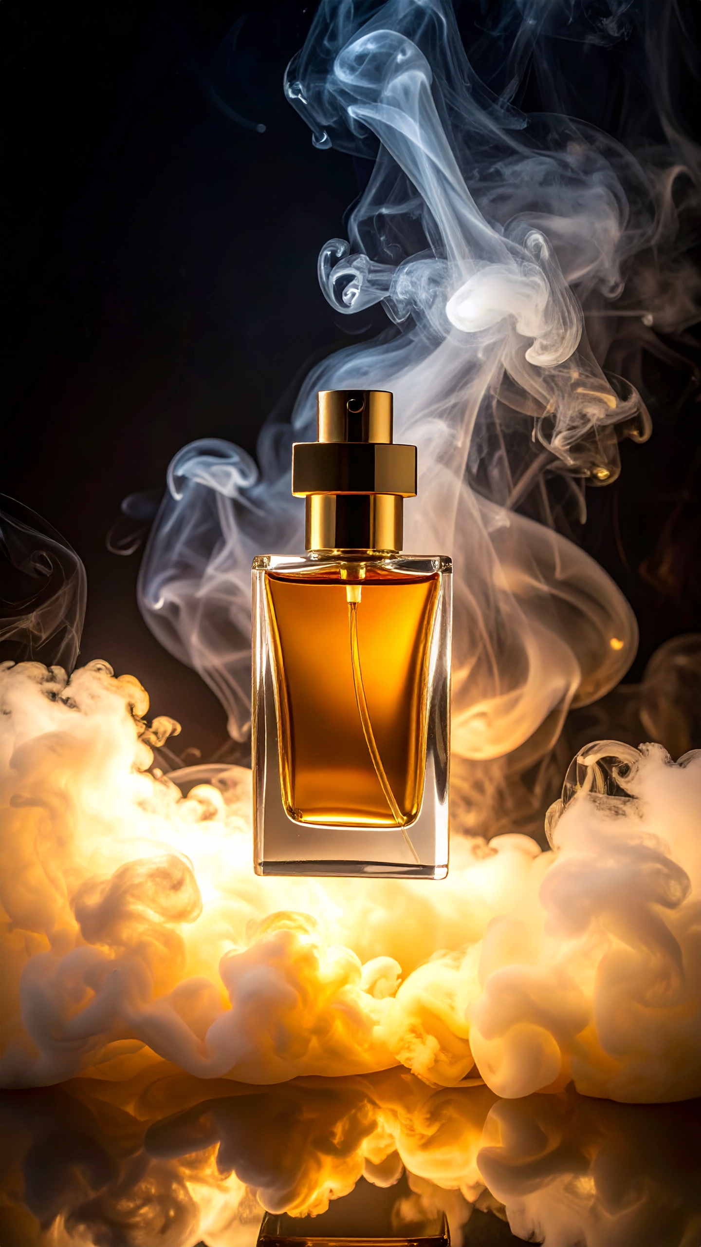 Golden Perfume Bottle with Elegant Smoke Swirls