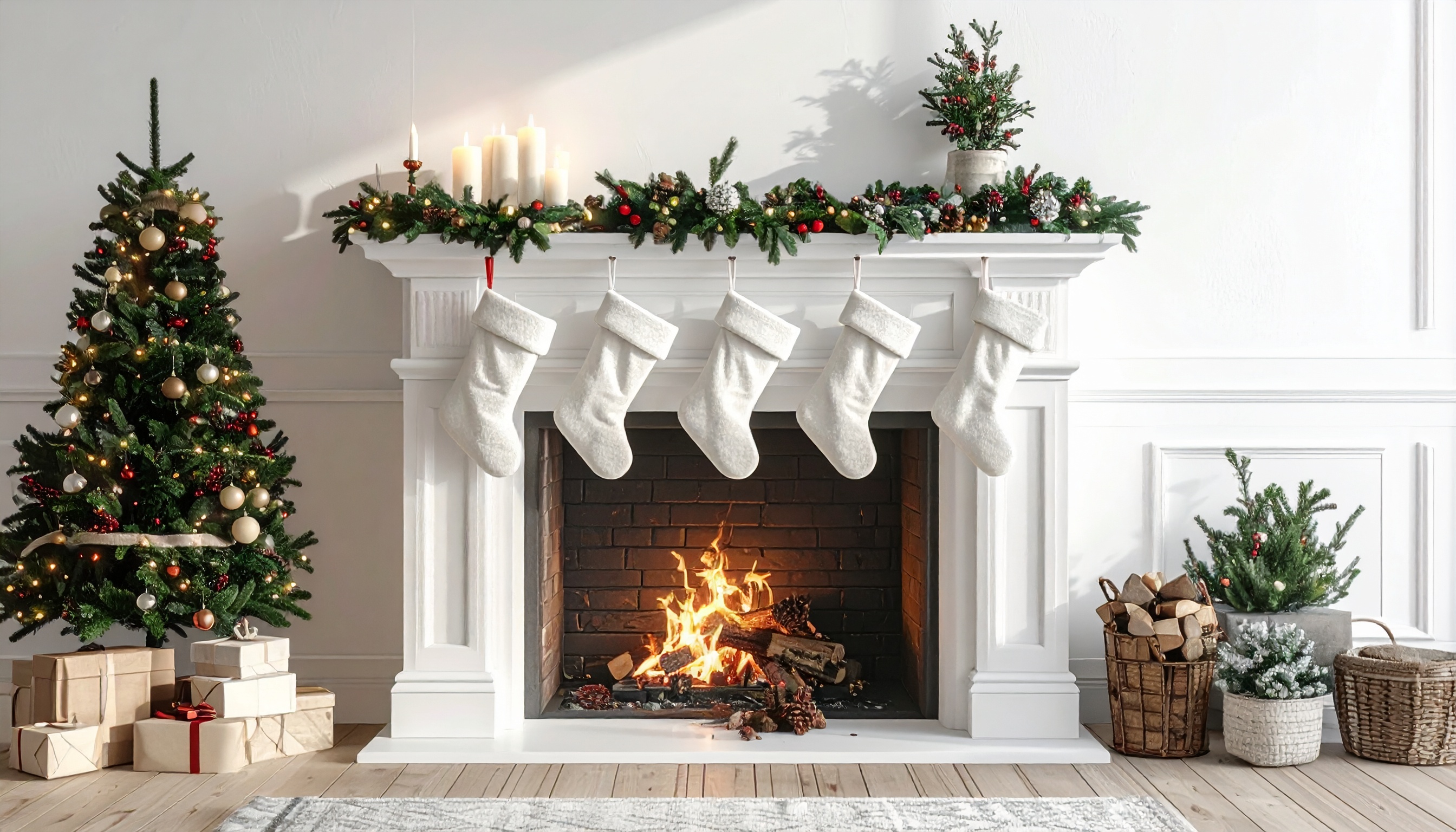 Sala decorada para o Natal com uma lareira branca, adornada por meias penduradas e velas acesas. Ao lado, uma árvore de Natal iluminada com bolas douradas e vermelhas, presentes embrulhados no chão. A atmosfera é acolhedora e festiva, com uma composição equilibrada e iluminação suave que destaca a decoração natalina.
