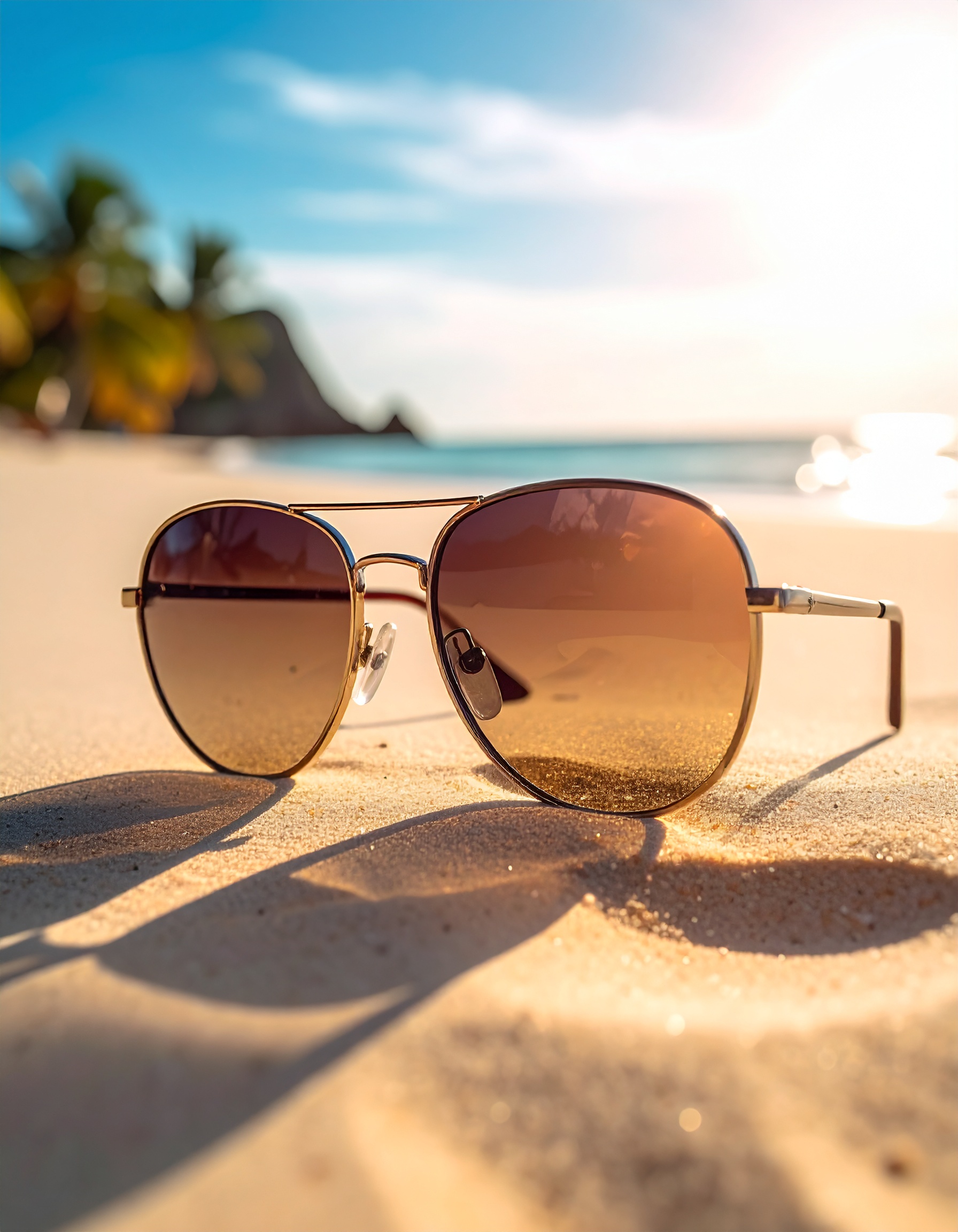 Sunglasses with Metal Frame on Tropical Beach Sand