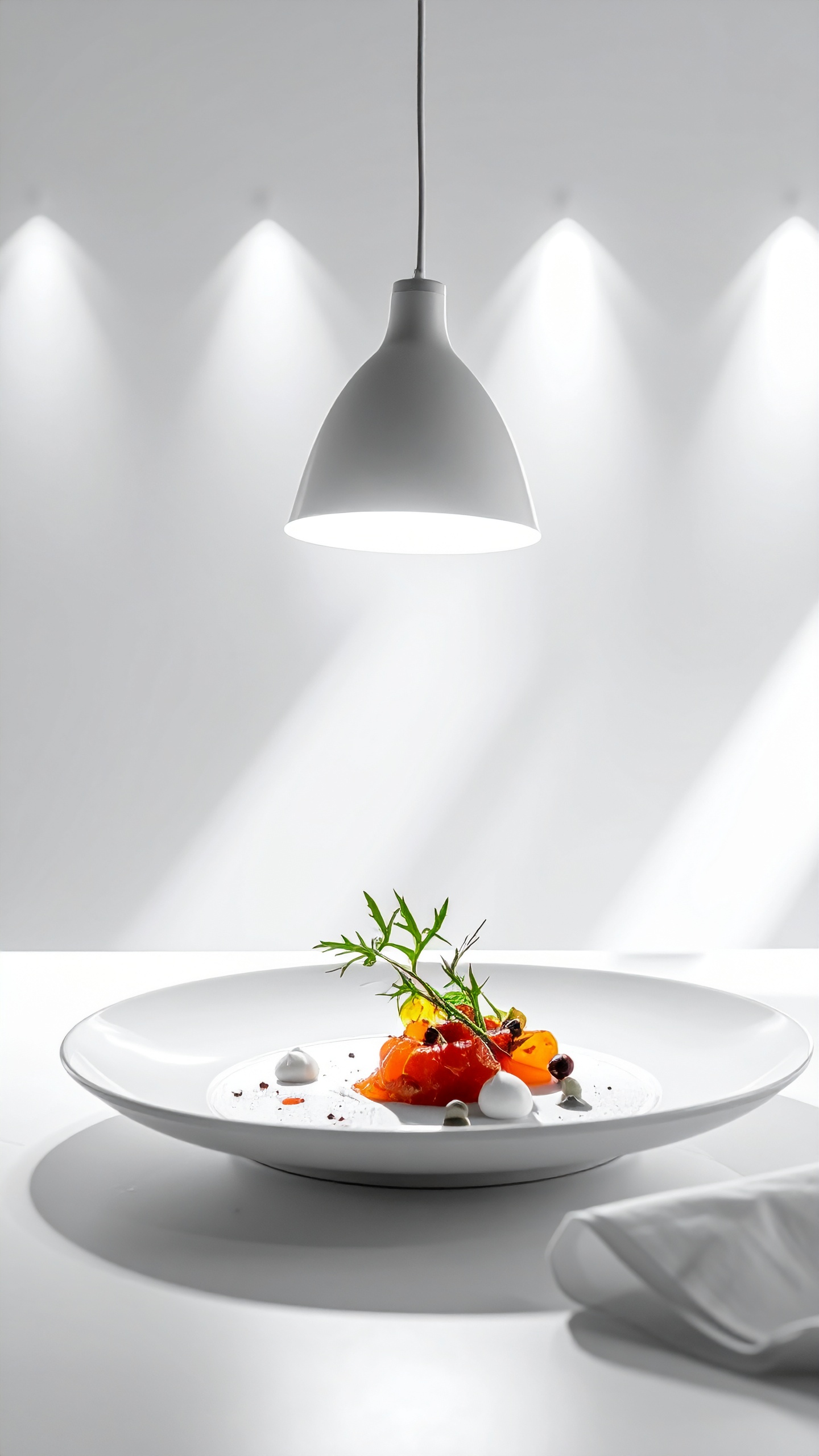 A sleek white pendant lamp illuminates a gourmet dish elegantly presented on a white plate