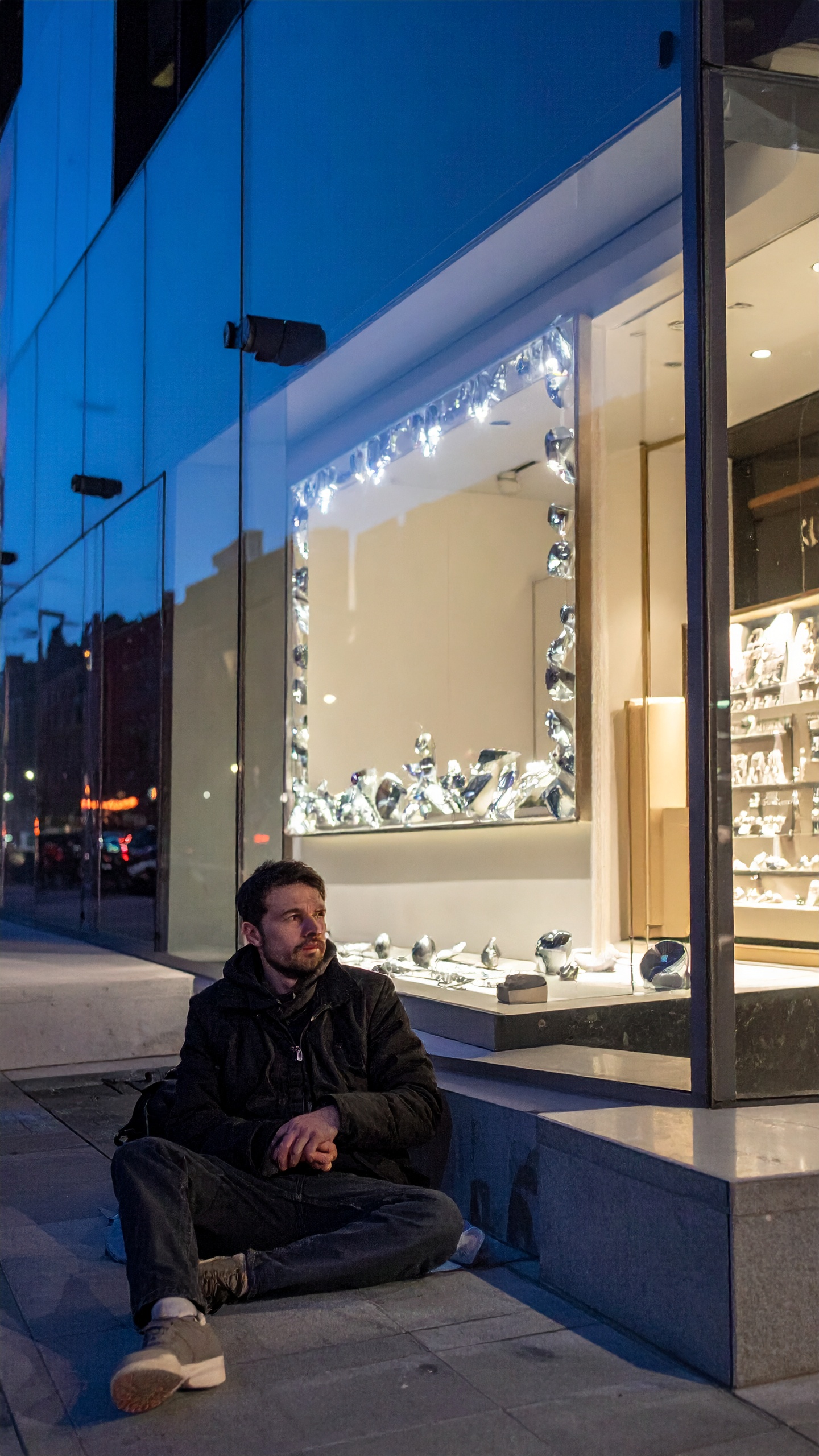A man sits on a city sidewalk near a luxury store display