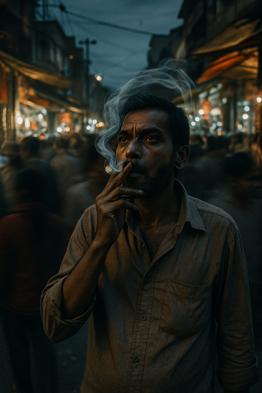 A man smokes in a bustling market street during twilight