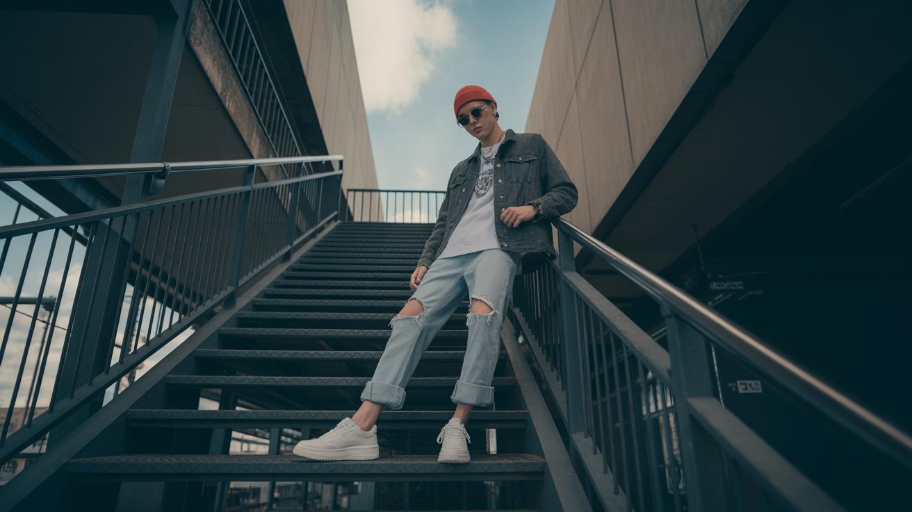 Urban Casual Style: Young Man Posing on Metal Staircase