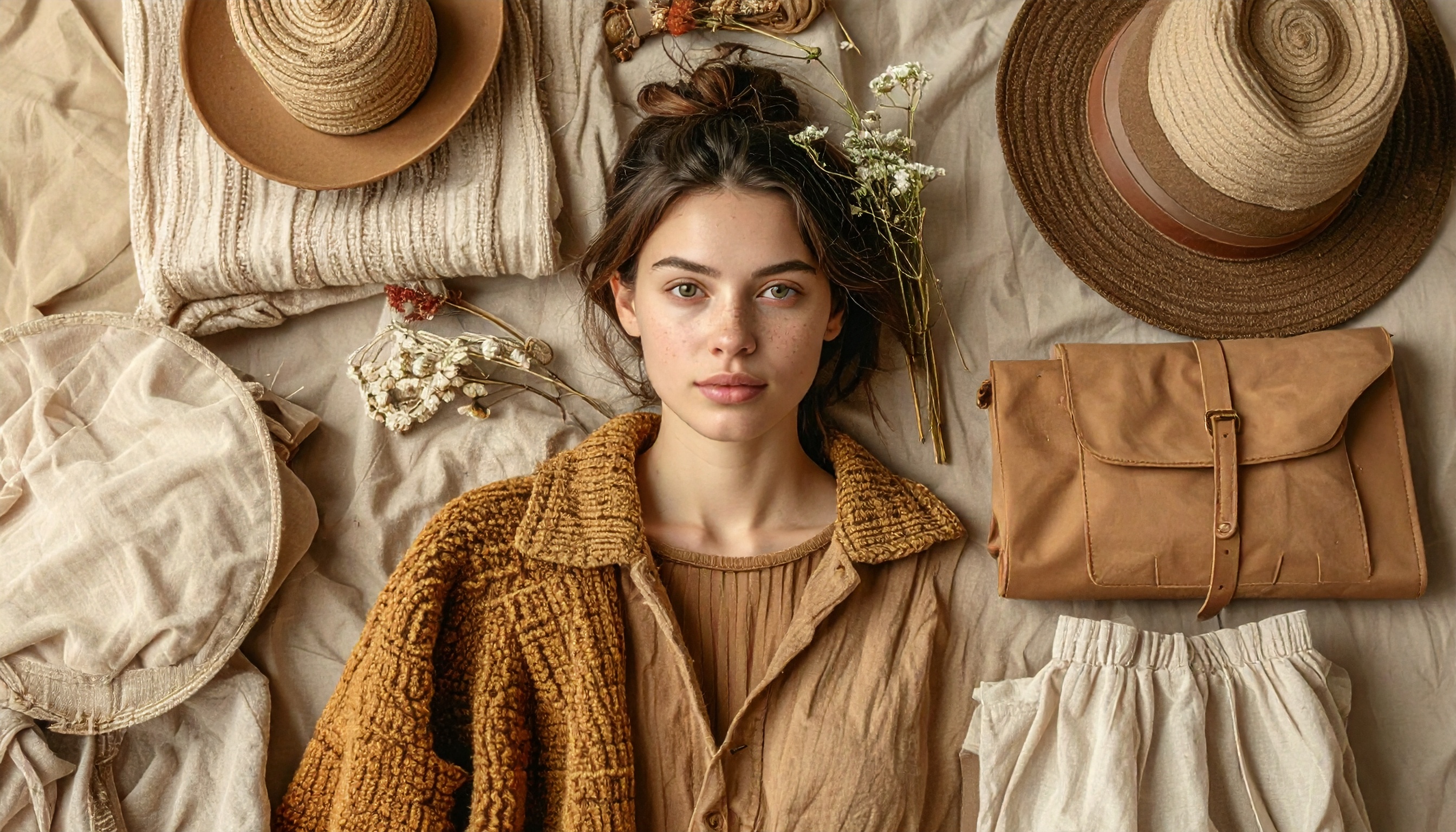 Retrato de uma mulher deitada em meio a itens de moda em tons terrosos. A composição é simétrica, com chapéus, flores secas e roupas ao redor. A iluminação suave destaca a textura dos tecidos e a expressão serena da mulher, criando uma atmosfera calma e boêmia.