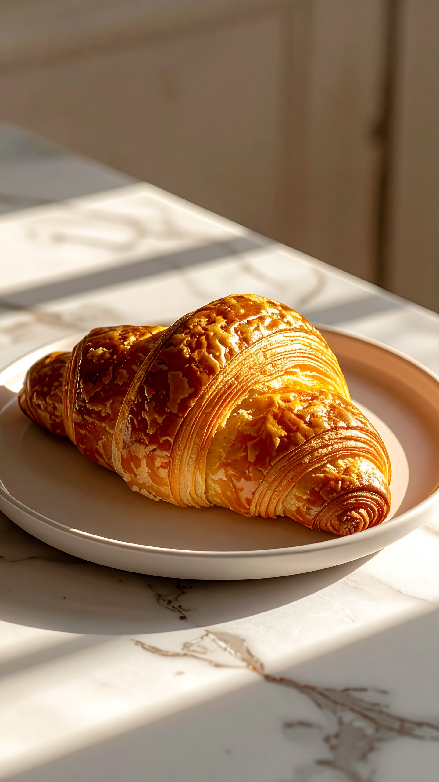 Golden croissant on a white plate bathed in sunlight