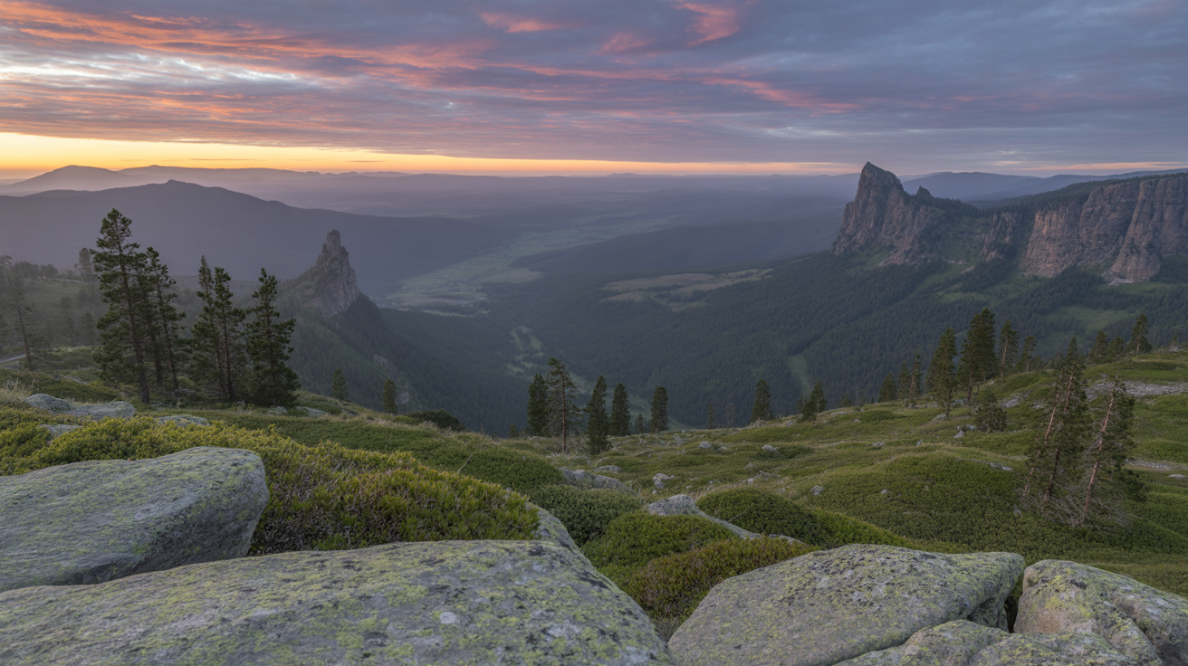 Mountain Landscape at Dawn with Red and Orange Sky