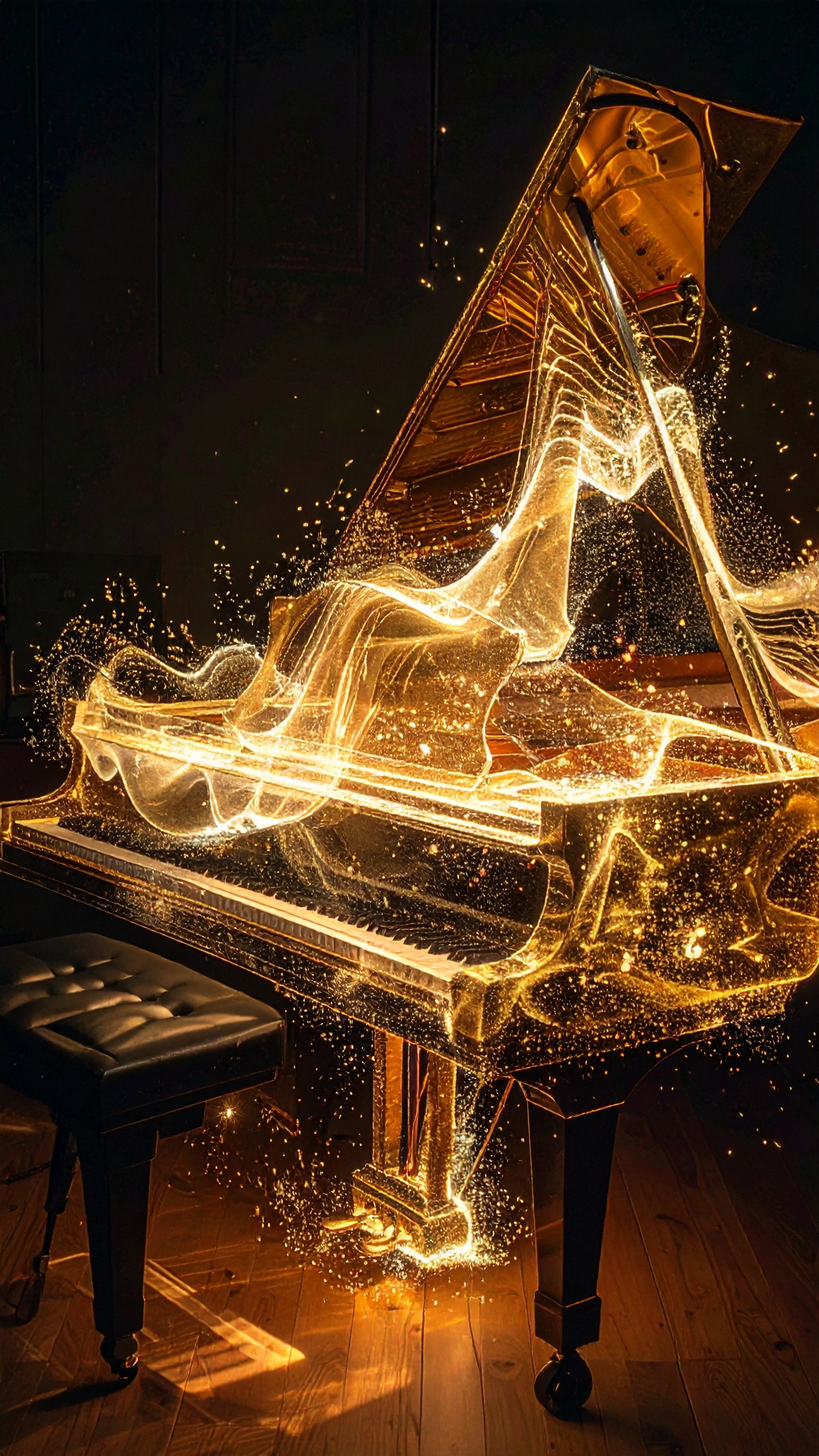 A grand piano adorned with golden sparkles exudes elegance and luxury