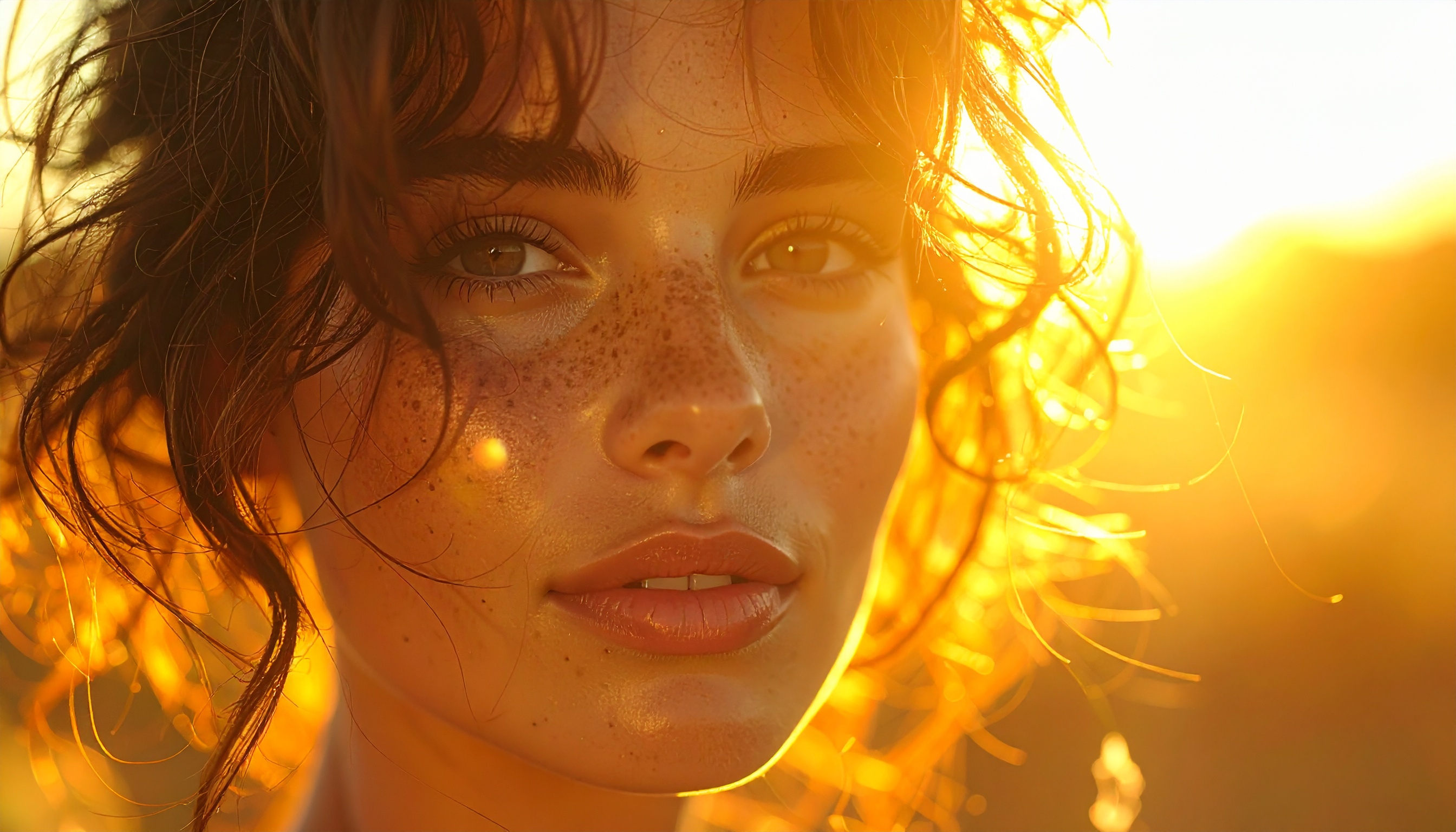 Close-up Portrait of a Freckled Person Bathed in Golden Sunset Light