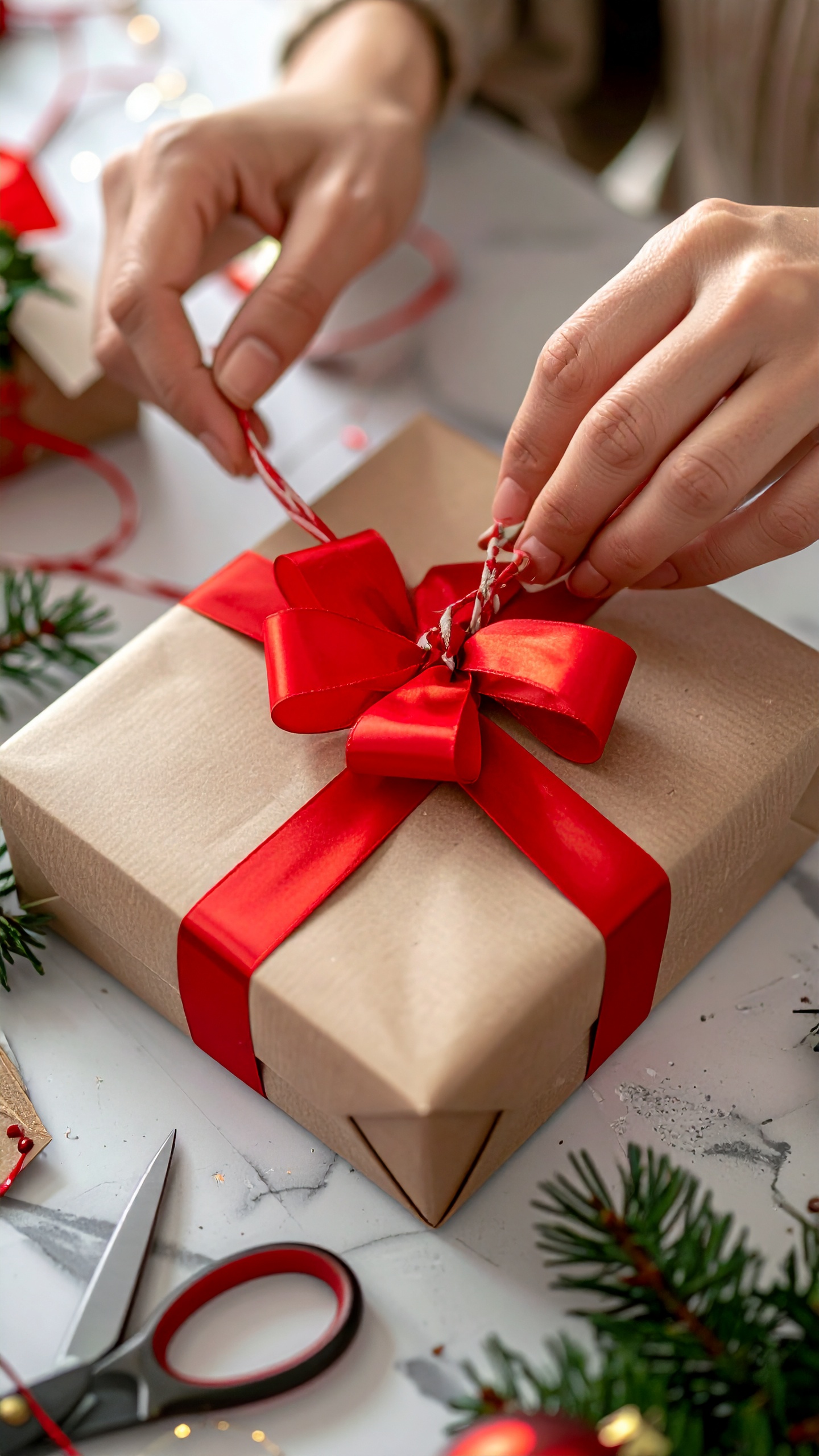 Mãos amarrando uma fita vermelha em um presente embrulhado em papel kraft, em uma cena bem iluminada e festiva, com elementos de decoração natalina ao redor, incluindo ramos verdes e tesoura, criando uma atmosfera de cuidado e celebração.