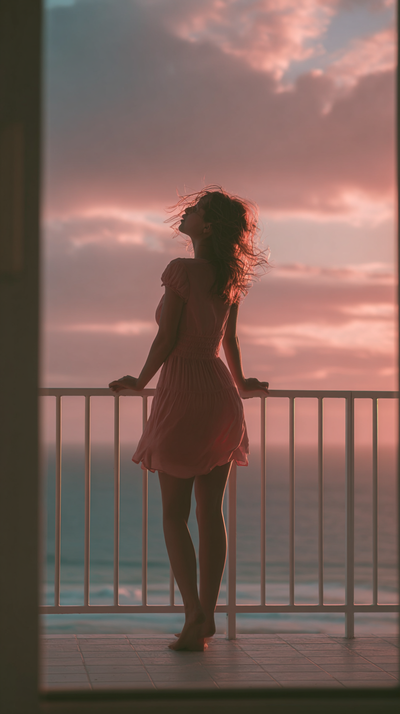Silhueta de uma mulher em um vestido rosa, apreciando o pôr do sol em uma varanda com vista para o mar. O céu está colorido com tons de rosa e laranja, criando uma atmosfera romântica e tranquila.