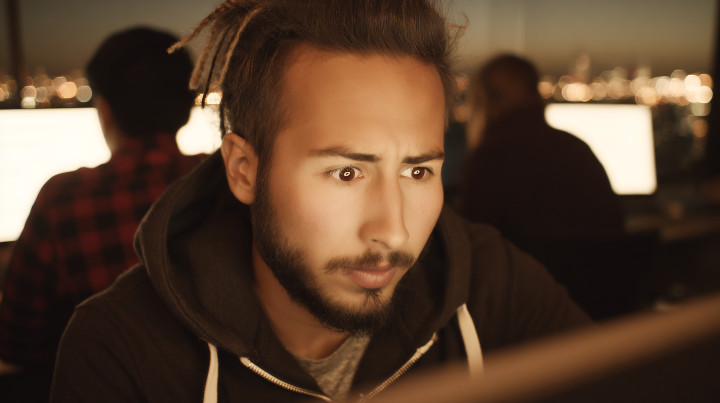 Um homem concentrado olha para um computador em um escritório moderno à noite. A luz suave do monitor ilumina seu rosto, destacando detalhes faciais e cabelo. A cena tem um fundo desfocado com luzes da cidade, criando uma atmosfera de foco e tecnologia. A composição captura um ambiente de trabalho intenso e profissional.