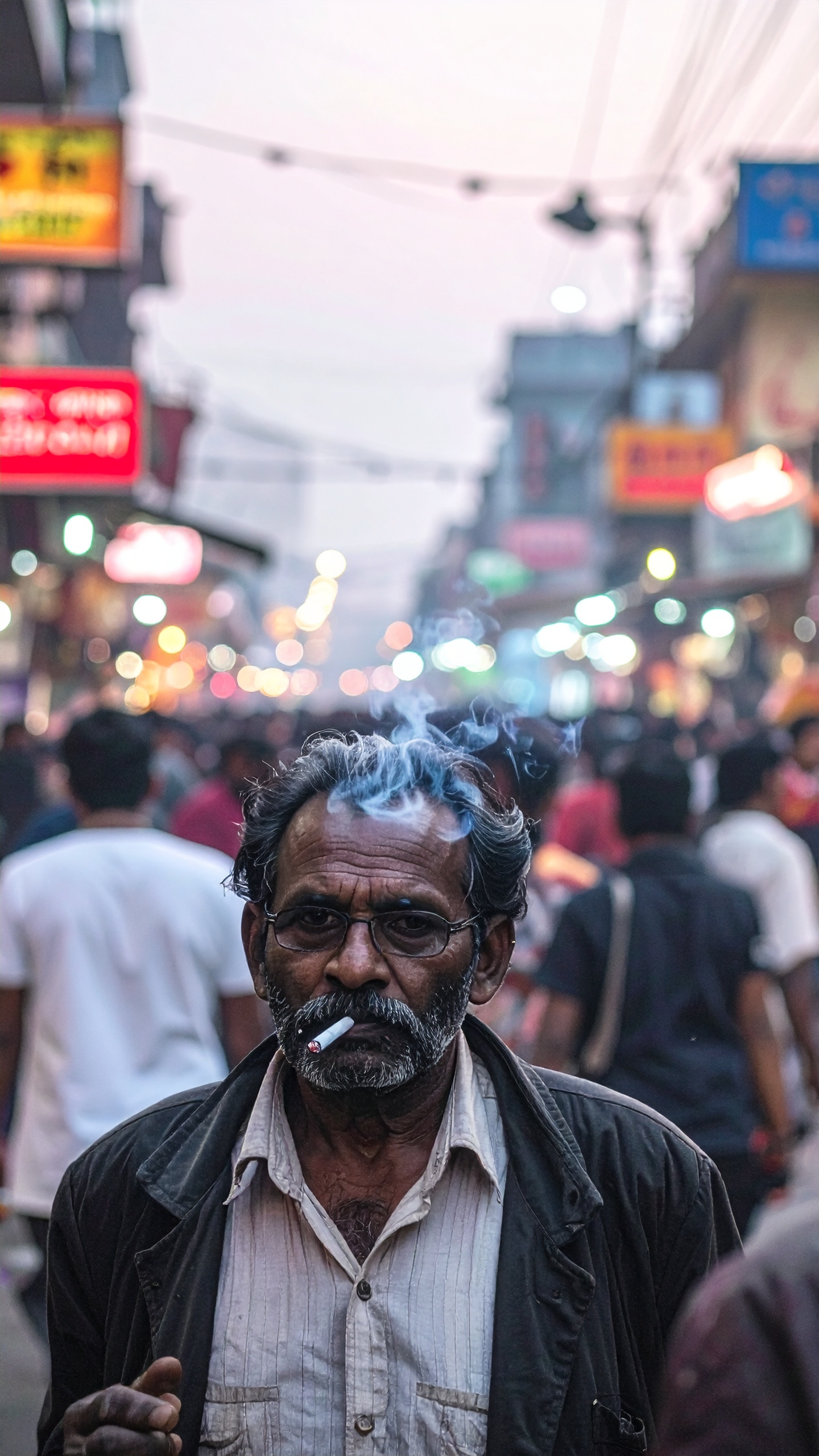 A man with a cigarette walks through a bustling, colorful street