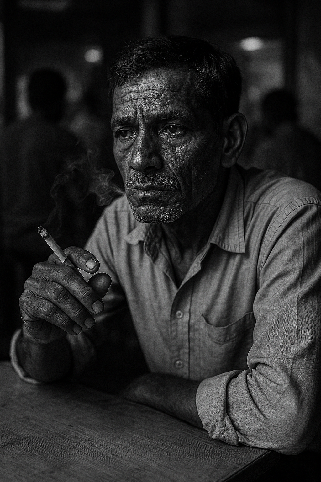 A contemplative man smokes a cigarette in a dimly lit setting