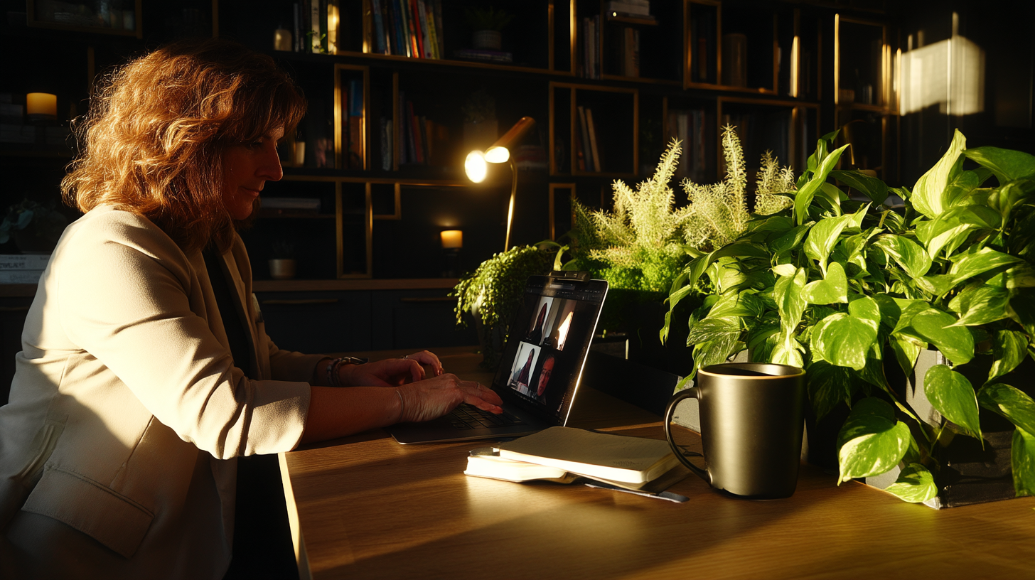 Mulher em escritório moderno iluminado por luz suave, trabalhando em laptop com videochamada, cercada por plantas e livros. A composição é equilibrada com foco no rosto da mulher e vegetação vibrante, criando atmosfera aconchegante e produtiva.
