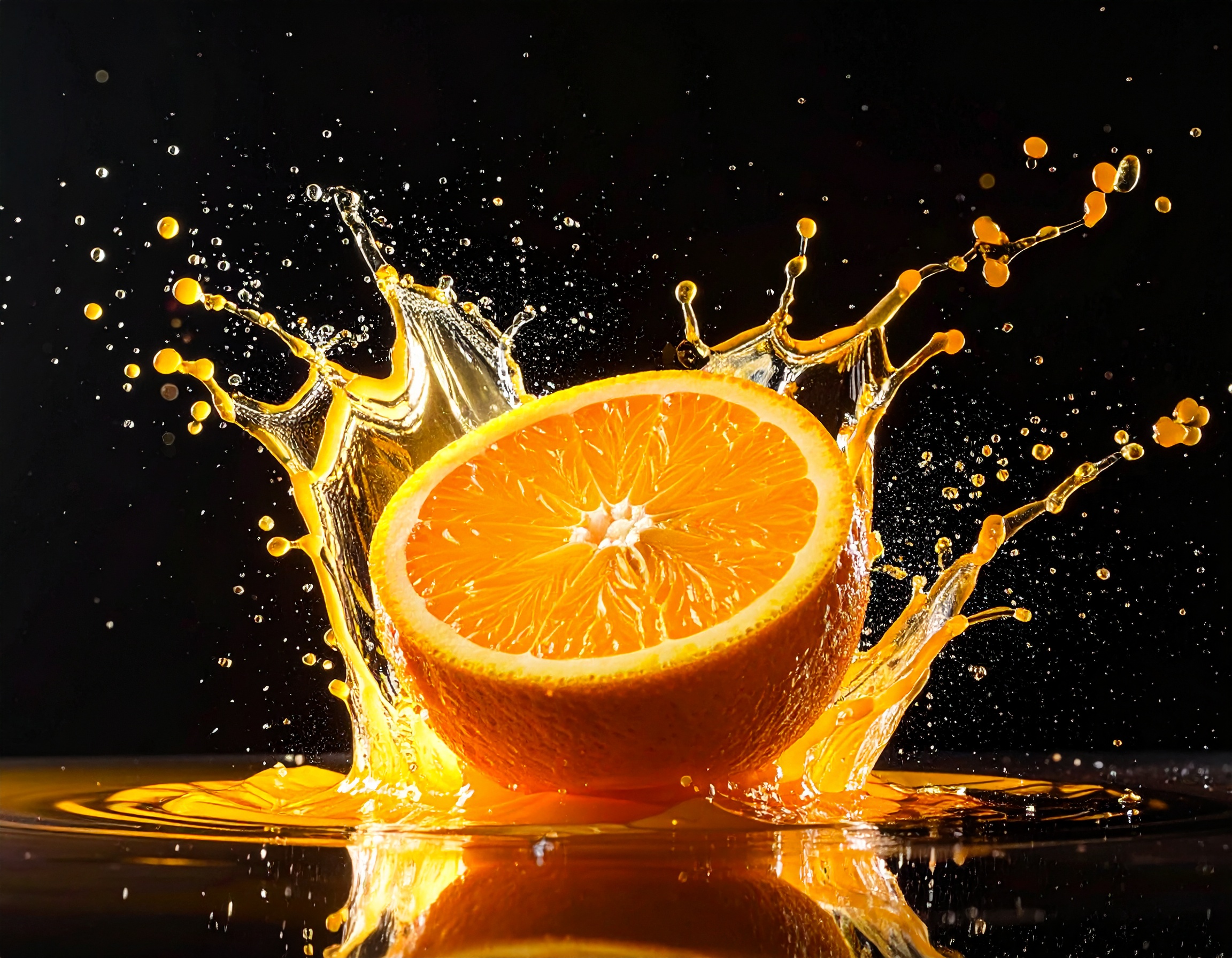 A vibrant orange slice splashes into the juice, creating a dynamic scene