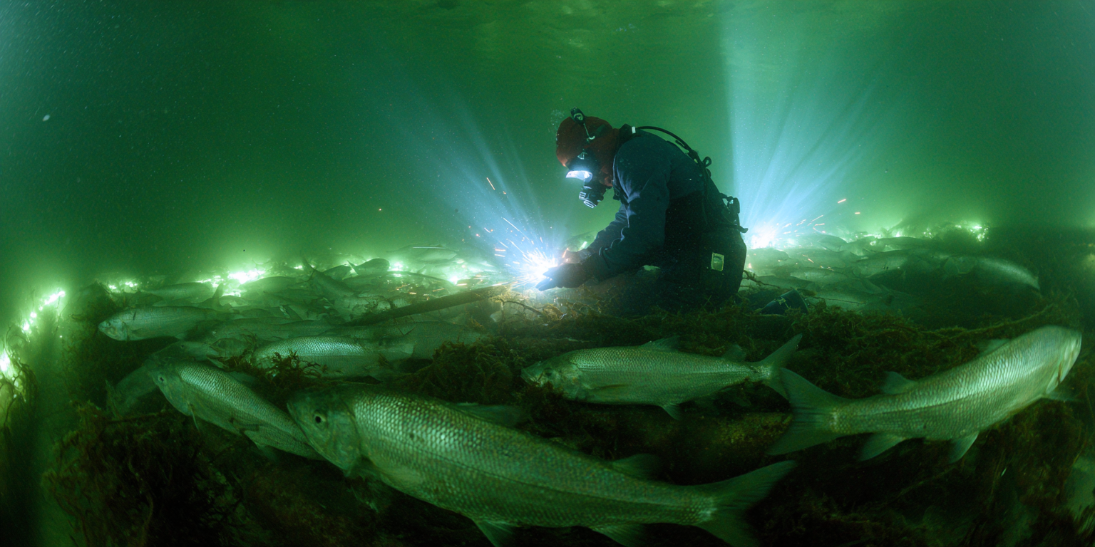 Um mergulhador trabalhando sob a água, utilizando uma ferramenta de soldagem em meio a um cardume de peixes. A cena é iluminada por luzes subaquáticas, criando um ambiente etéreo e vibrante.