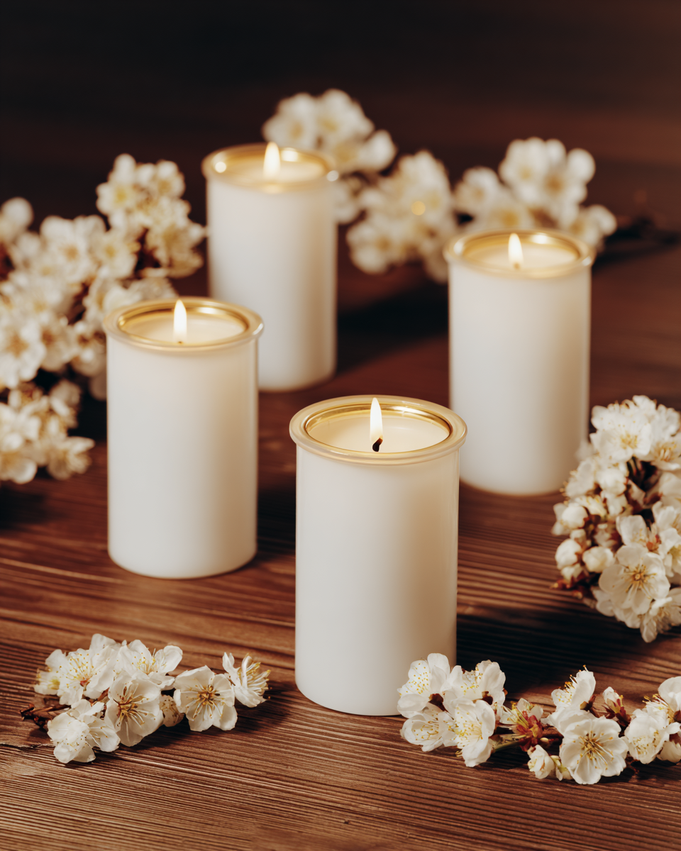 Quatro velas brancas acesas em um ambiente sereno, cercadas por delicadas flores brancas de cerejeira sobre uma mesa de madeira, evocando uma atmosfera de tranquilidade e elegância.