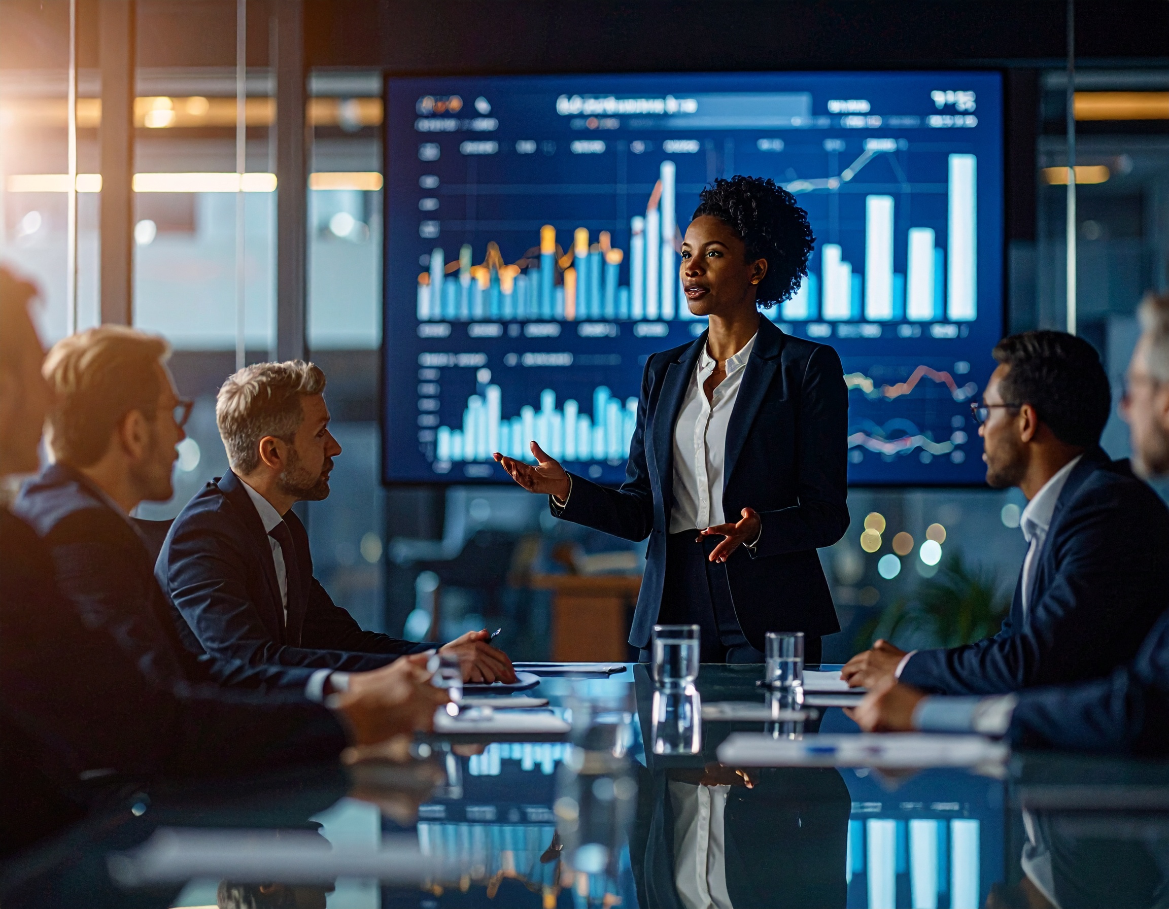 Cena de reunião corporativa com cinco pessoas em sala de conferências moderna, onde uma mulher apresenta dados em gráficos visíveis ao fundo. A iluminação suave cria um ambiente profissional e focado, com reflexos sutis na mesa de vidro. A composição é equilibrada, destacando a figura central em pé e a interação dinâmica entre os participantes, todos em trajes formais.