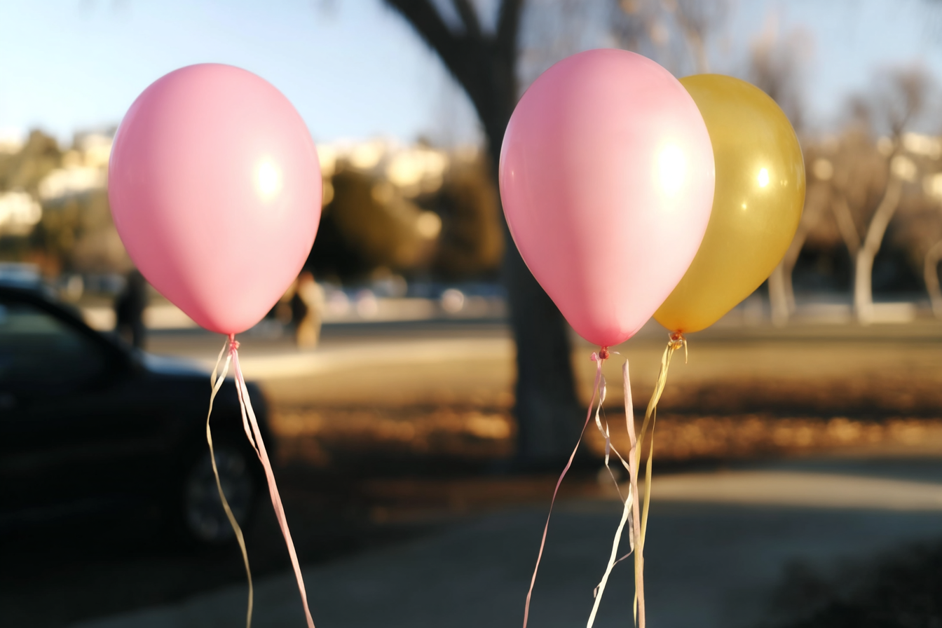 Três balões coloridos em um parque ao ar livre, incluindo dois balões rosa e um balão amarelo, com um fundo desfocado de árvores e um carro preto.
