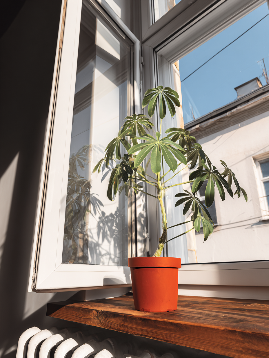 Planta em vaso laranja sobre prateleira de madeira, iluminada pela luz solar através de uma janela, criando sombras suaves e atmosfera tranquila.