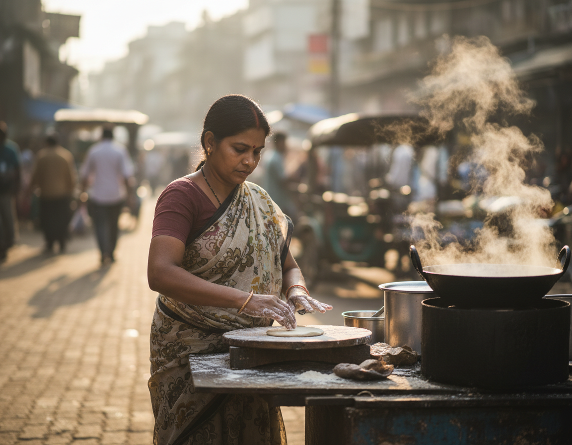 A woman in traditional attire prepares food at a bustling street market