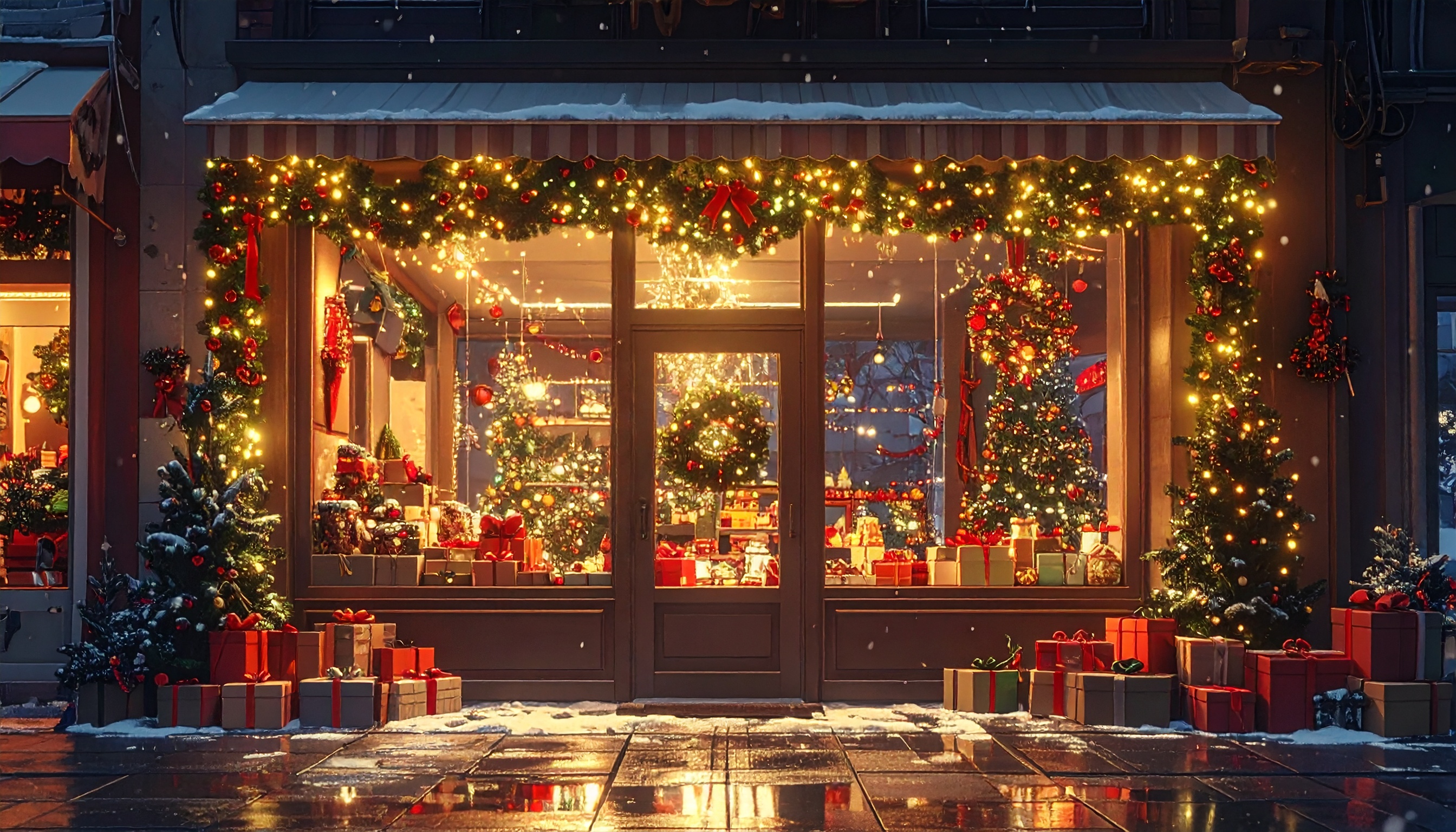 Christmas Store Window Decorated with Lights and Gifts