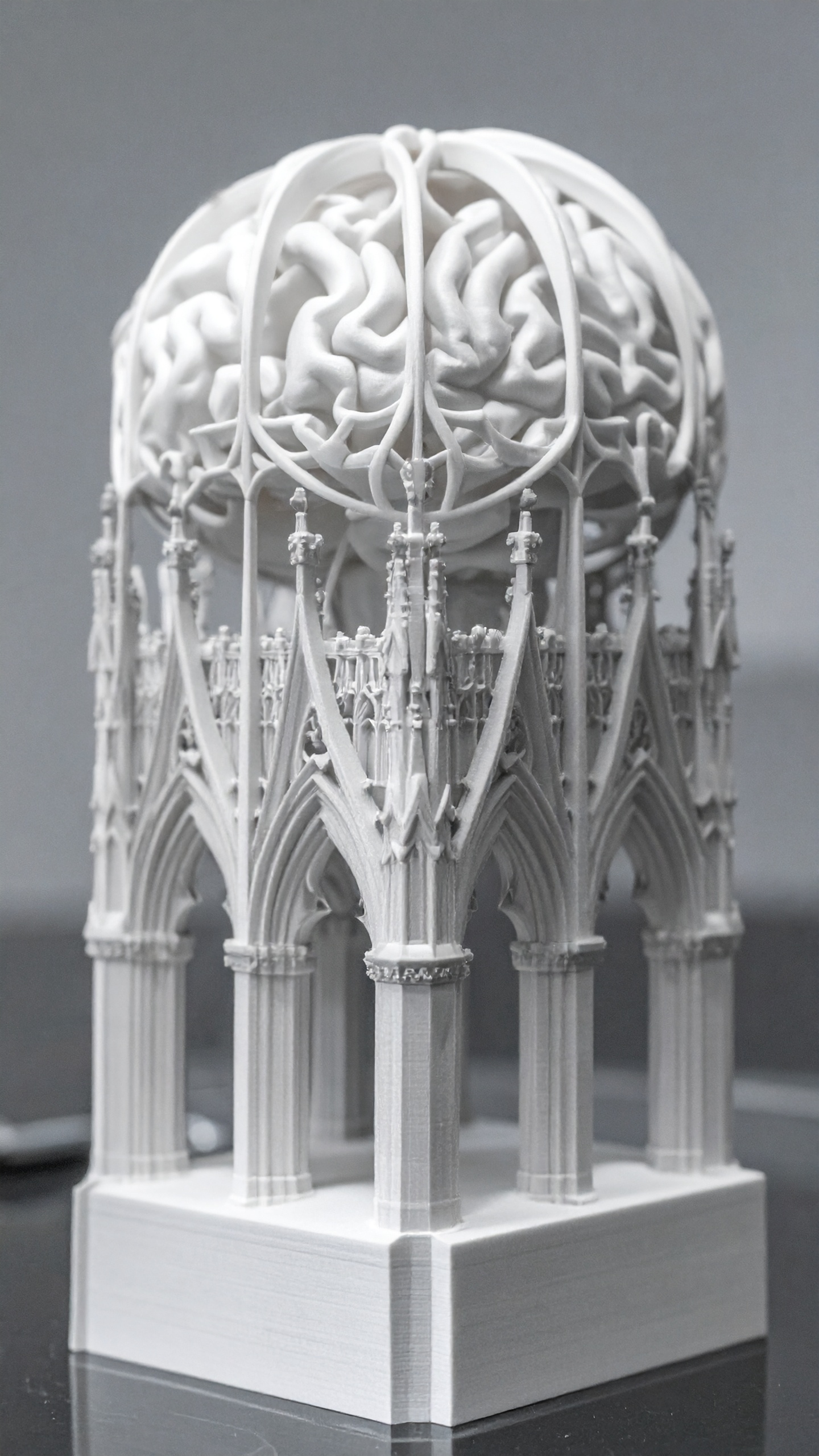 Intricate 3D-printed sculpture blending Gothic architecture with anatomical elements