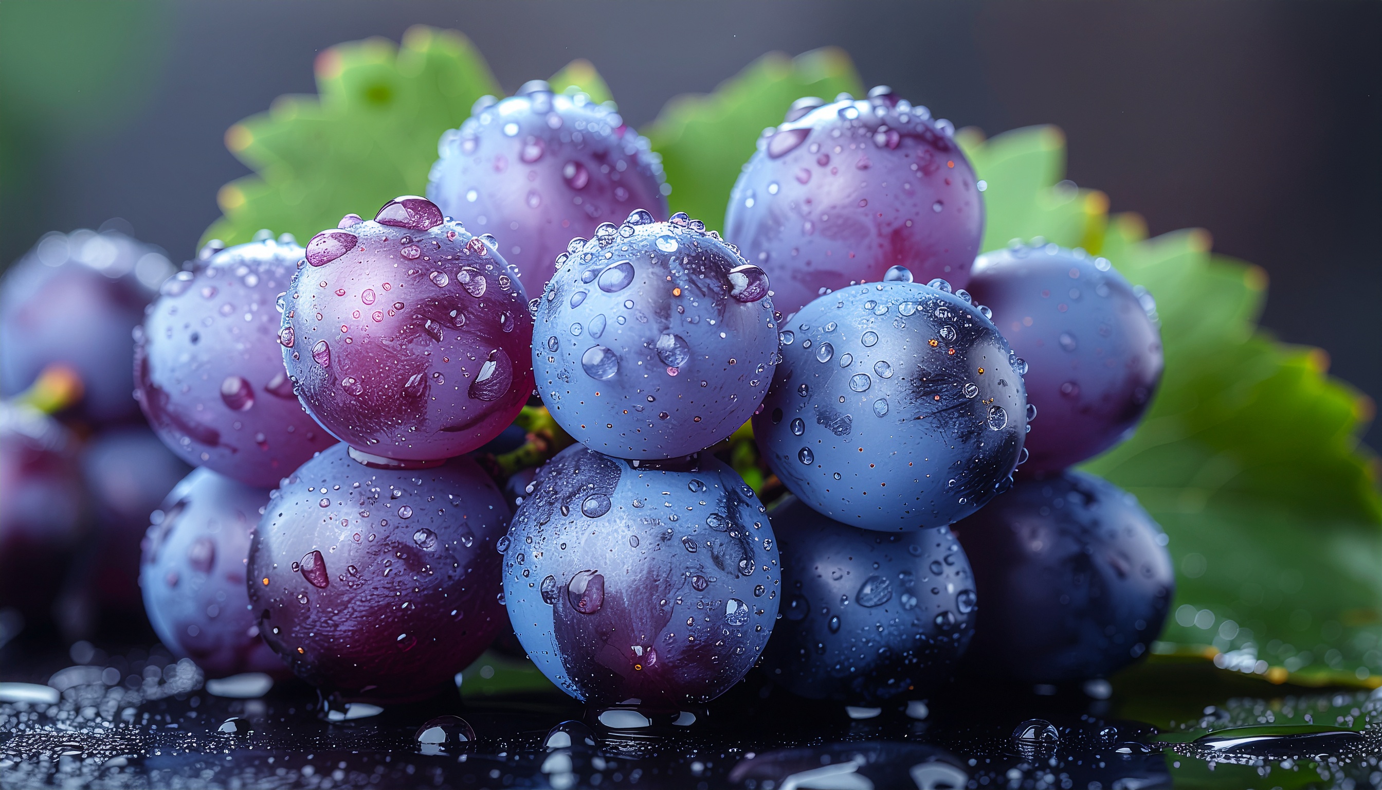 Cacho de uvas roxas com gotas de água brilhando ao sol. Ideal para uso em marketing de alimentos frescos e saudáveis. As uvas apresentam uma textura suculenta e convidativa, destacando-se sobre folhas verdes. Perfeito para campanhas de produtos naturais e orgânicos. A imagem evoca frescor e qualidade, sendo ideal para publicações em redes sociais e materiais promocionais.