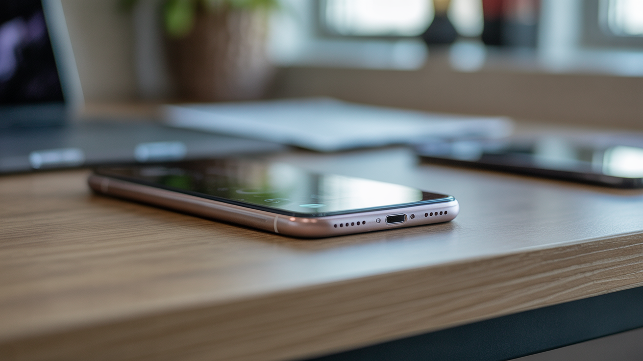 Wooden Table with Gold-Edged Smartphone
