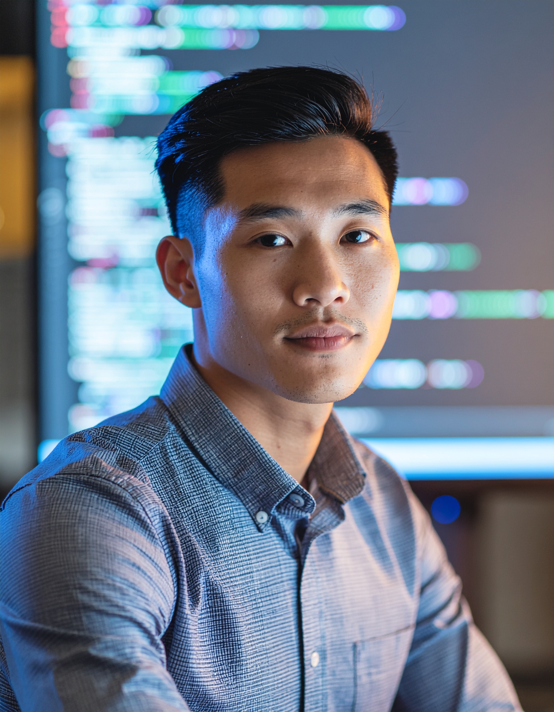 Retrato de um jovem em um ambiente tecnológico, com tela de computador ao fundo exibindo código colorido. Iluminação suave destaca o rosto e a camisa azul texturizada, criando uma atmosfera de foco e inovação. O enquadramento é frontal, com profundidade de campo rasa, destacando o sujeito contra o fundo desfocado.