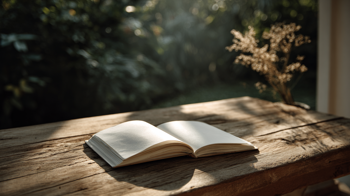 Uma cena tranquila de um livro aberto sobre uma mesa de madeira rústica, com luz suave filtrando através de um ambiente natural. O fundo desfocado apresenta vegetação, enquanto um pequeno ramo seco em um vaso adiciona um toque decorativo.