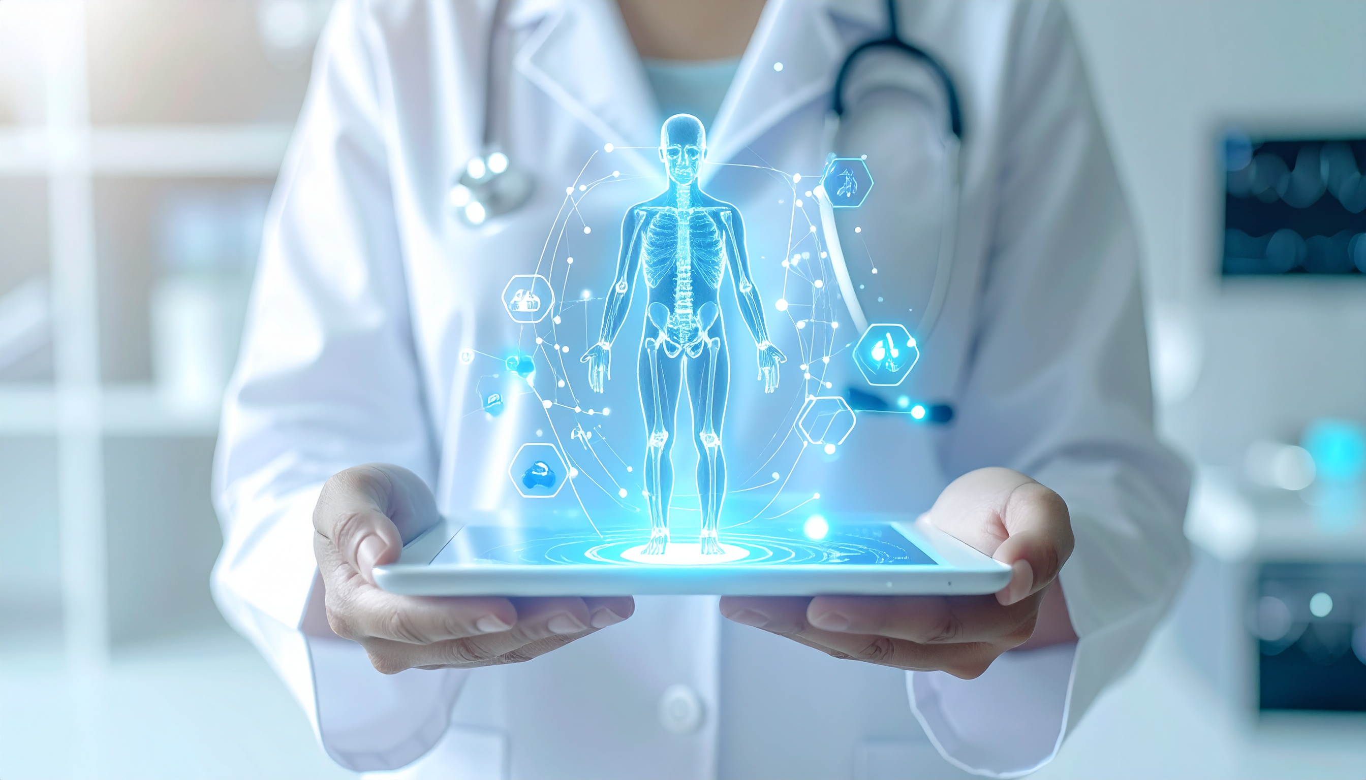 A doctor uses a tablet to project a 3D holographic human body