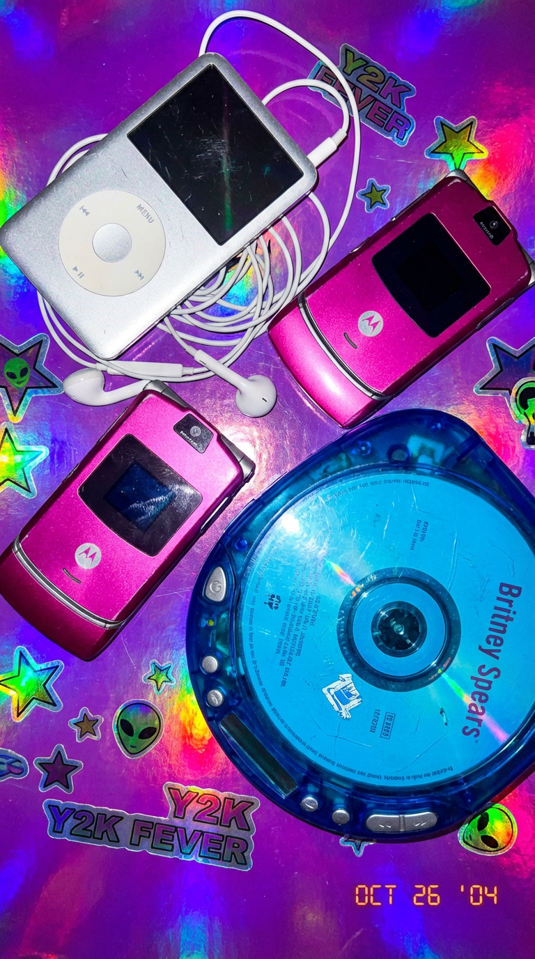 A nostalgic Y2K-themed collection includes a pink Motorola Razr, an iPod, and a Britney Spears CD