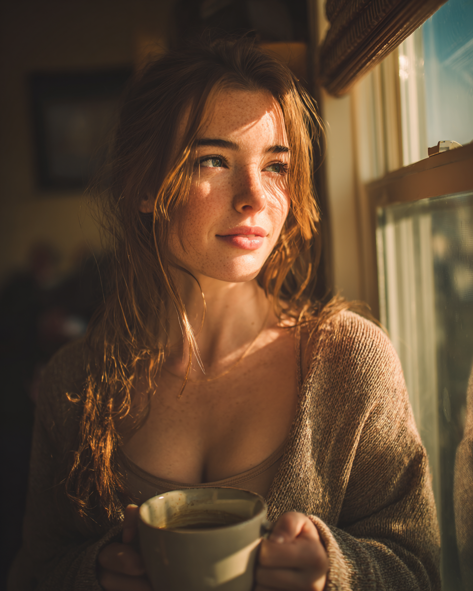 A imagem apresenta uma jovem mulher com cabelos castanhos claros e ondulados, segurando uma caneca enquanto observa a luz que entra pela janela. A iluminação suave destaca suas características faciais e cria sombras sutis em seu rosto, que exibe sardas. Ela está vestida com um suéter de lã claro, que contrasta com o fundo mais escuro e suave. A janela ao lado oferece um toque de luz natural, aumentando a atmosfera acolhedora da cena.