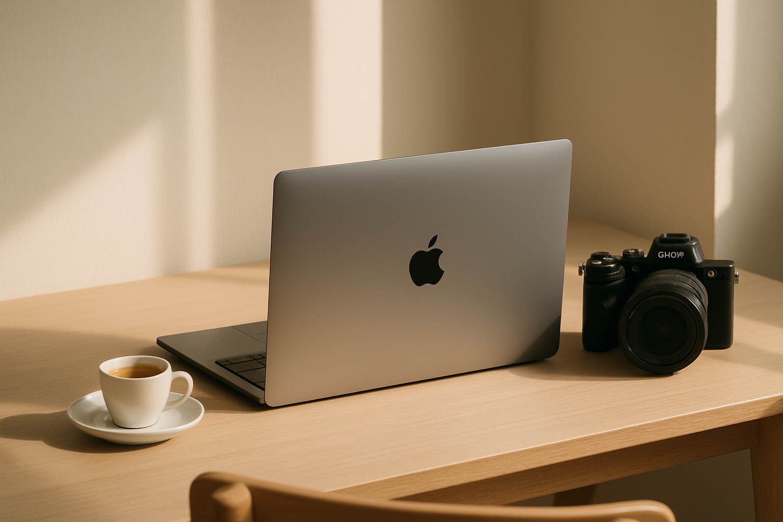 Minimalist Scene with Dark Gray Laptop on Light Wood Table