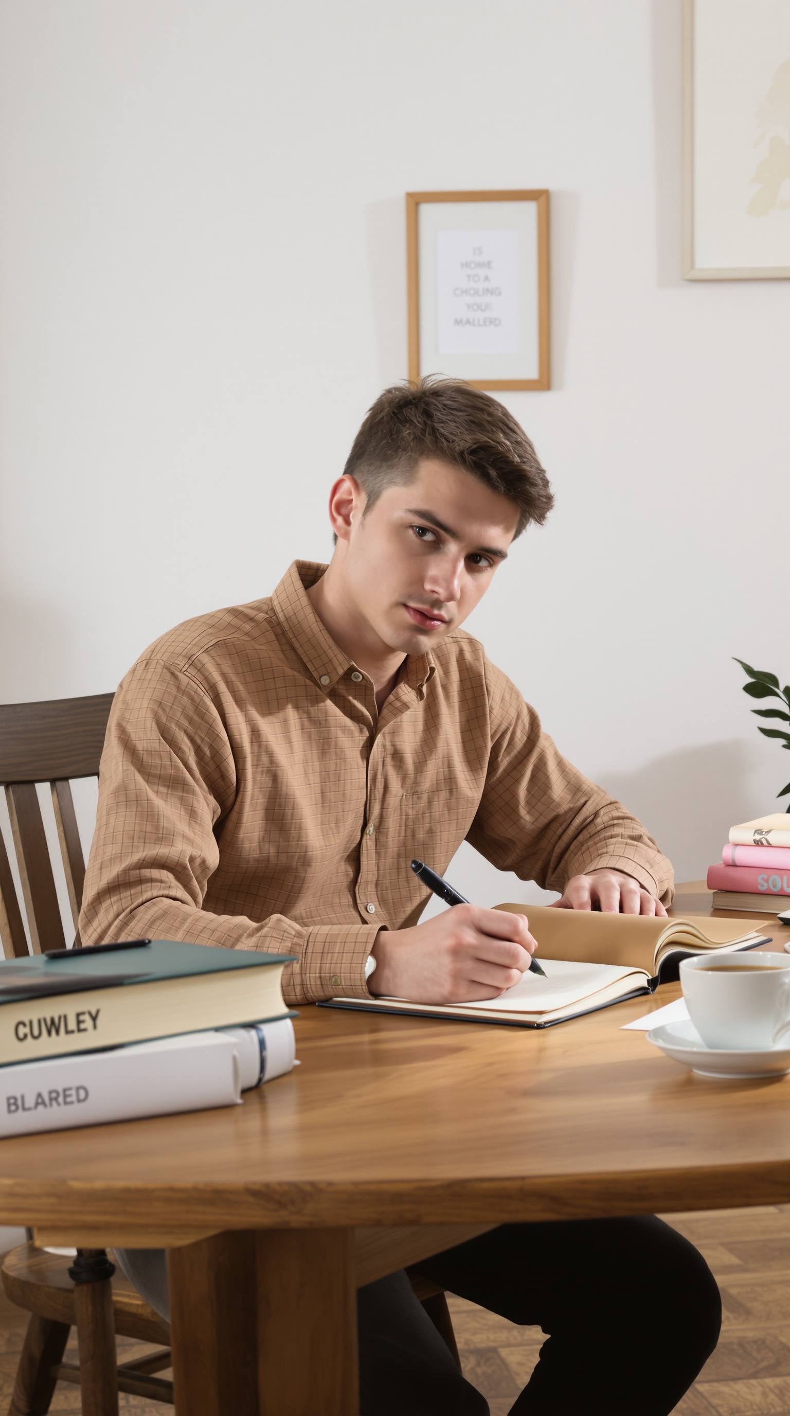 Young man in a brown shirt writing at a wooden table